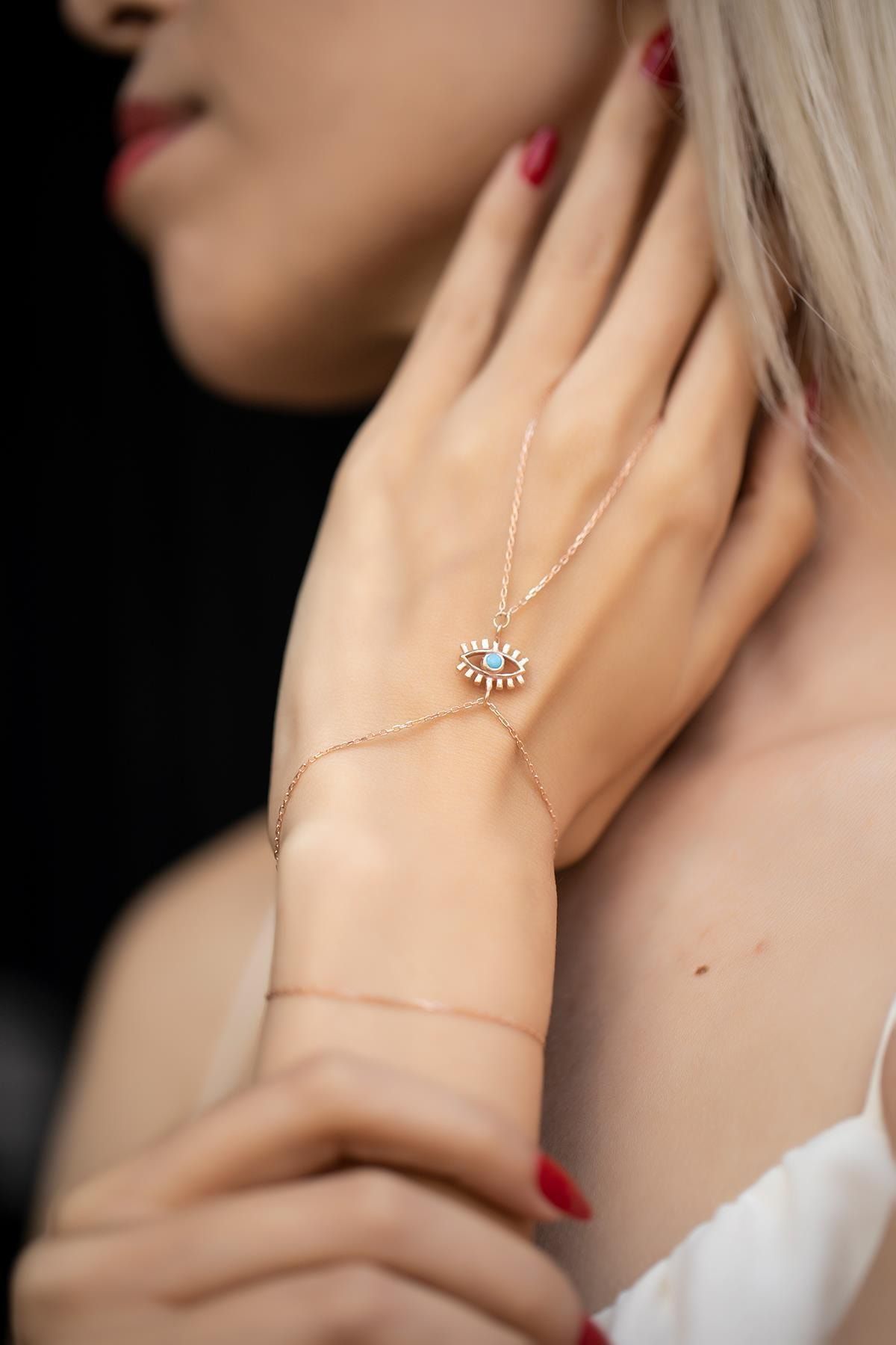 İzla Design Kadın Turkuaz Taşlı Göz Model Rose Kaplama Gümüş Şahmeran