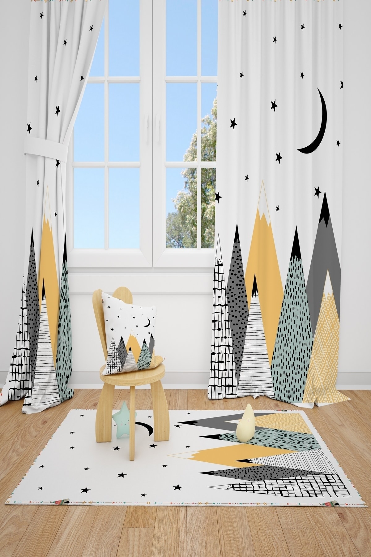 CİCİ TASARIM ÜRÜNLERİ 2 Kanat Iskandinav Dağlar Ay Yıldız Çocuk Bebek Odası Perdesi Fon Perde