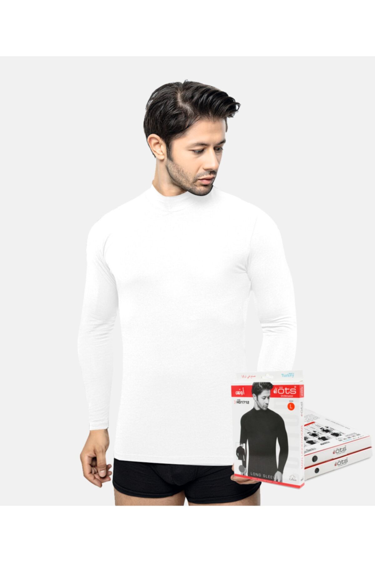 Öts Erkek Beyaz Balıkçı Yaka Uzun Kollu T-shirt Premium Paket Kutulu