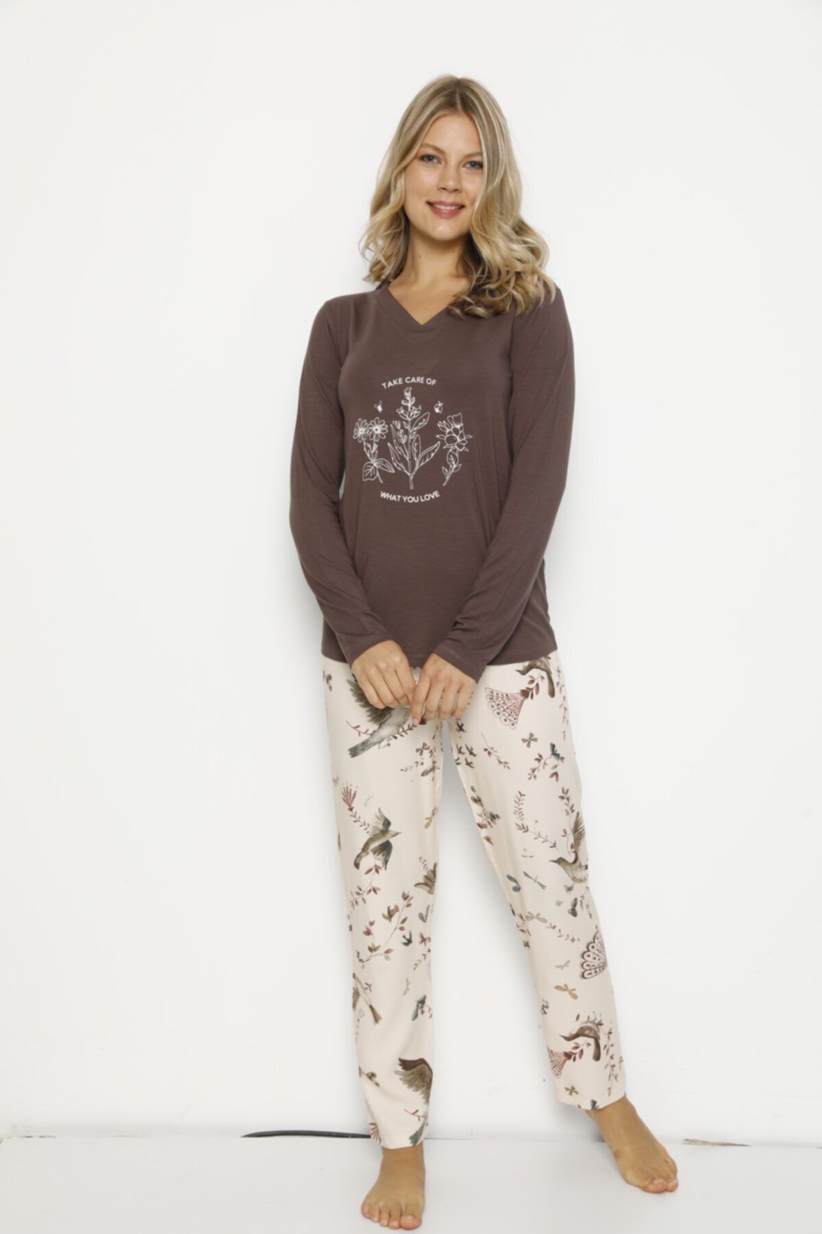 Angels Secret Desenli Kadın Sabahlık Gecelik Kışlık Günlük Penye Pijama Takımı 8170