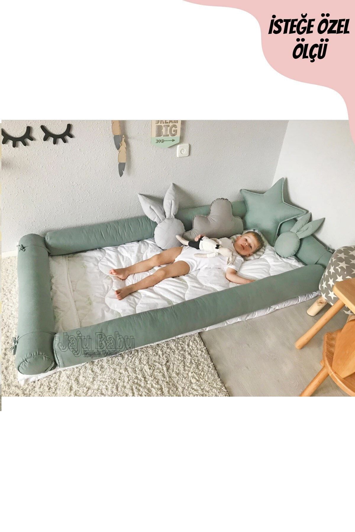 Jaju Baby Yeşil Montessori Yatak Bariyer 90x190 Beşik Kenar Koruma Özel Ölçü