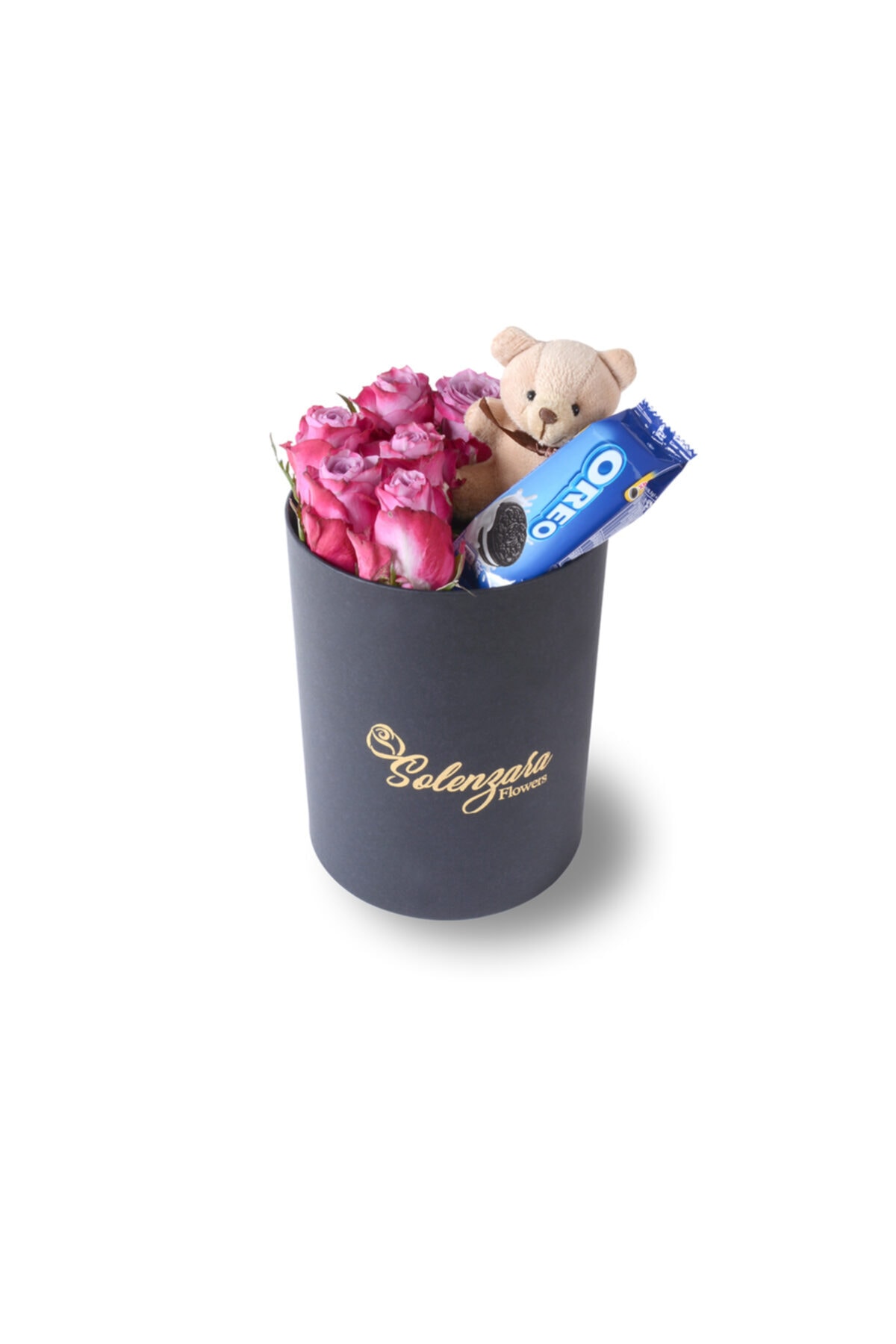 Solenzara Flowers Siyah Silindir Kutuda Ayıcıklı Ve Oreolu Lila Gül