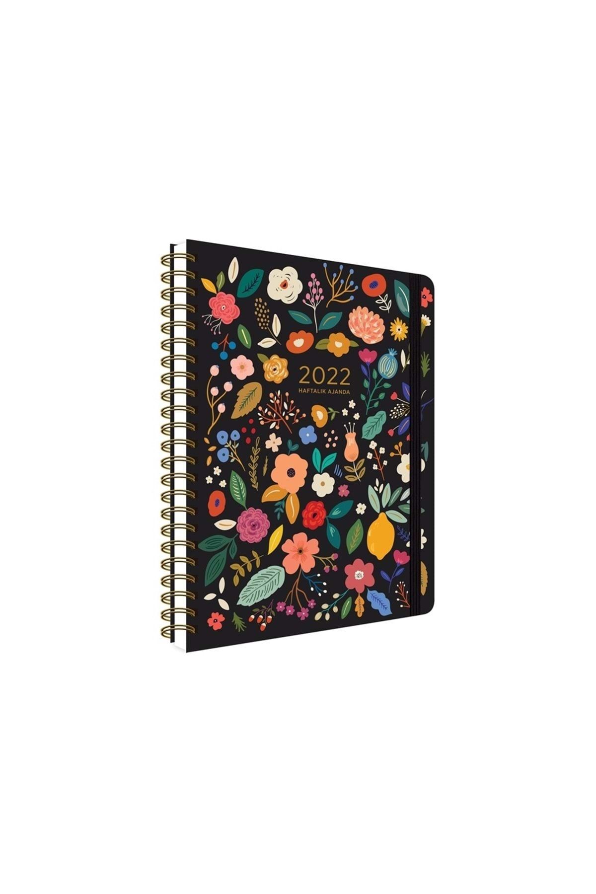 KESKİN COLOR 2022 Yılı Haftalık Spiralli Ajanda (15x21) Cm Sert Kapak 84 Yaprak Siyah Çiçek