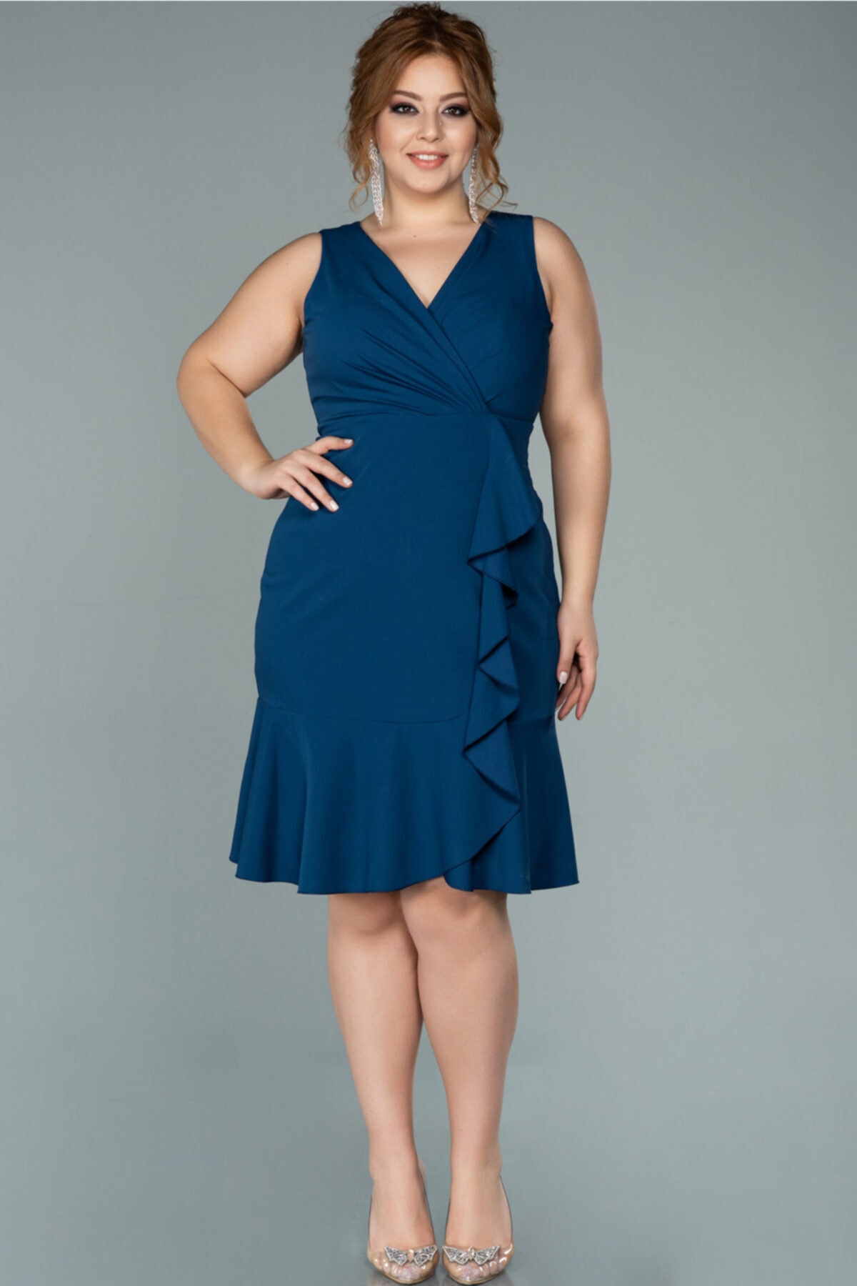 Abiyefon Petrol Yeşili Eteği Volanlı Kolsuz Kısa Büyük Beden Abiye Abk1118