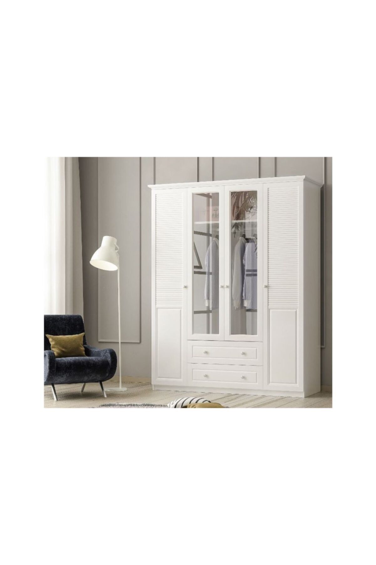 Vivense Zenio Visione 4 Kapak 2 Çekmece Camlı Gardırop Beyaz