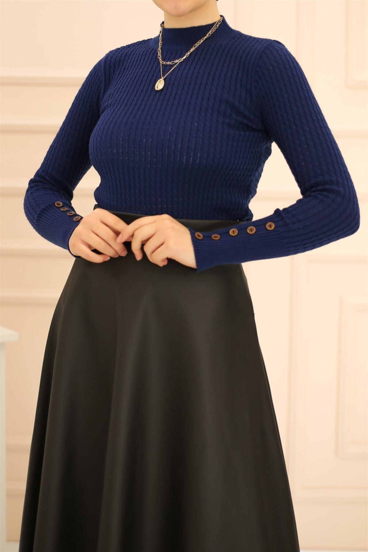 İmajButik Yarım Boğazlı Kol Düğmeli Triko Kazak/lacivert