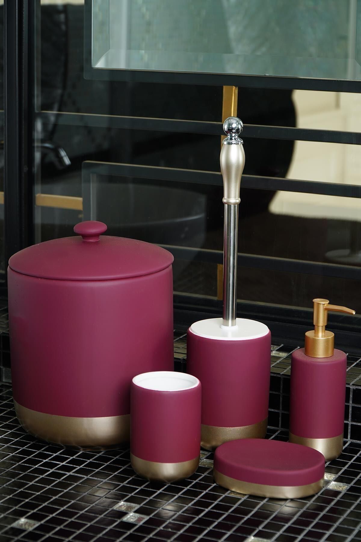 ACAR Stork 5'li Mat Seramik Gold Şeritli Banyo Set - Fuşya