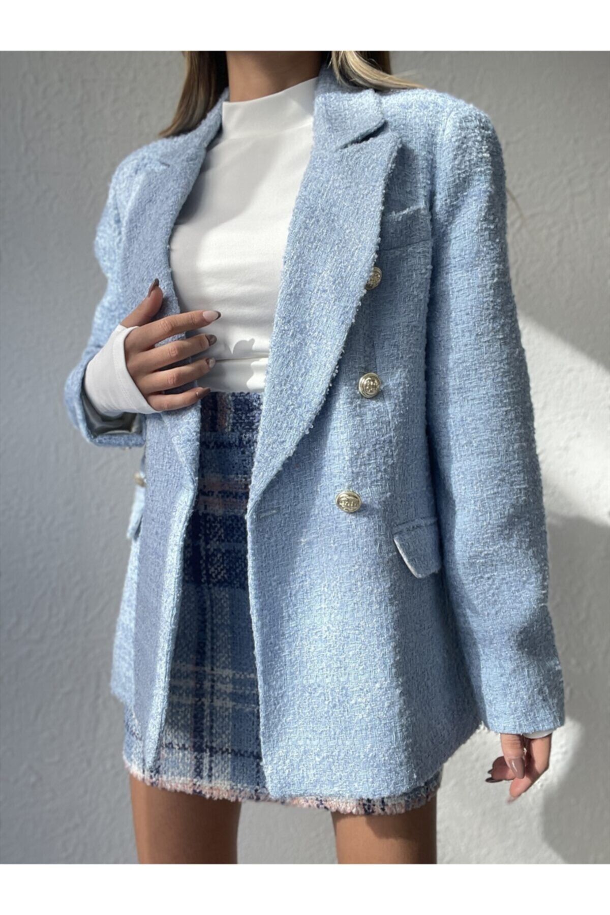 Baby blue tweed best sale blazer
