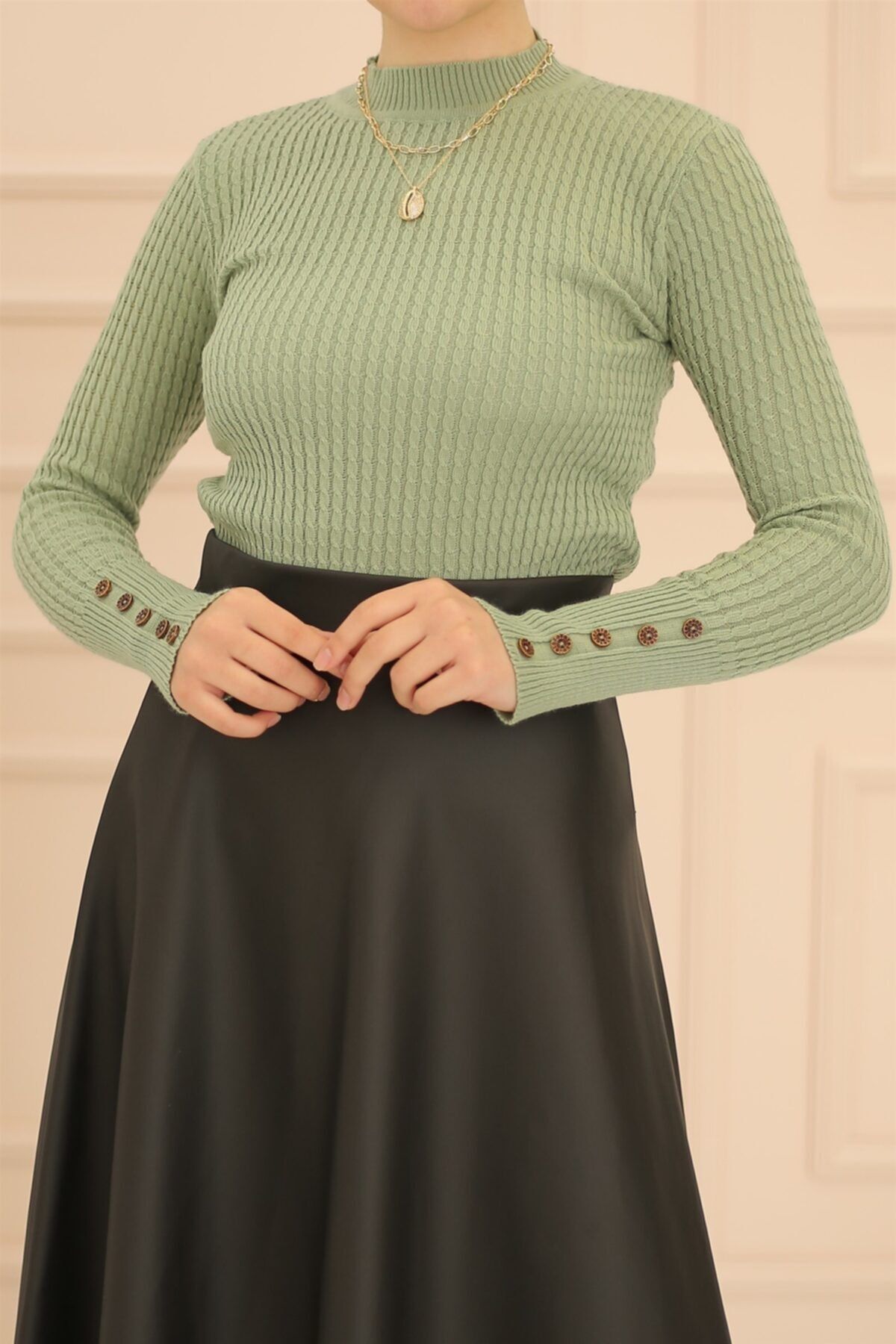 İmajButik Yarım Boğazlı Kol Düğmeli Triko Kazak/mint