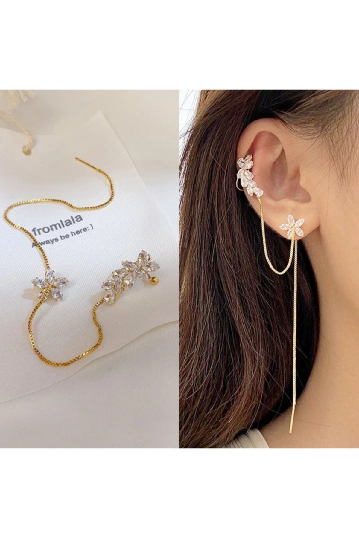 SUGift Tekli, Altın Kaplama Taşlı Cuff Küpe