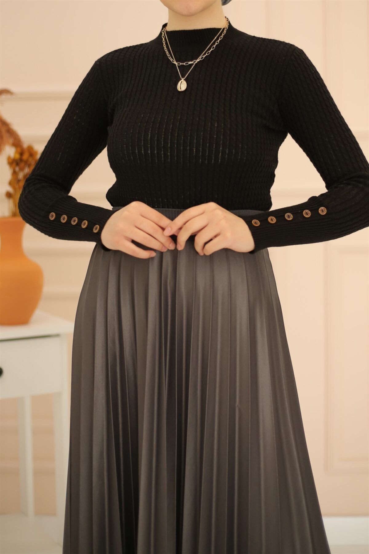 İmajButik Yarım Boğazlı Kol Düğmeli Triko Kazak/siyah