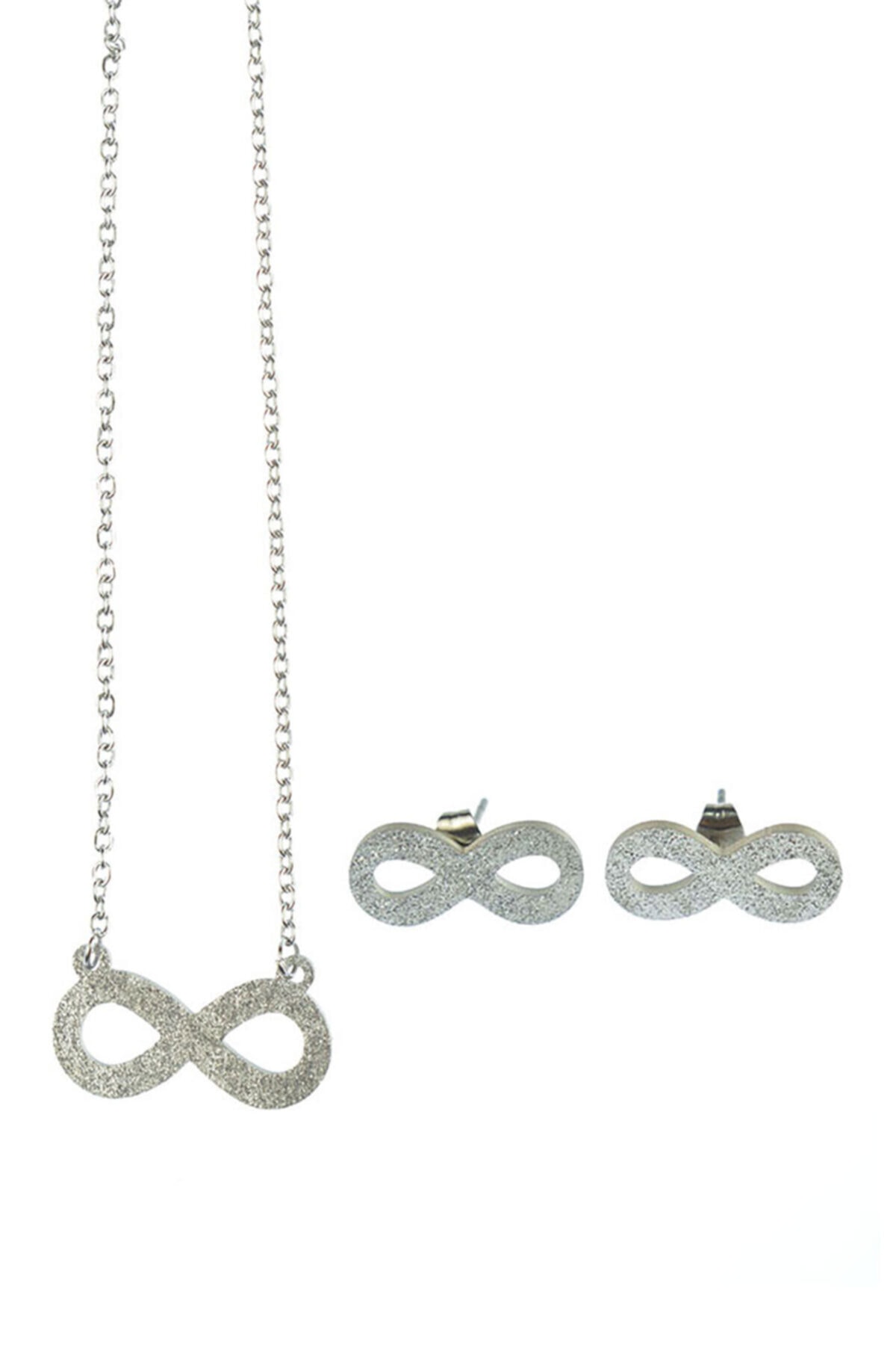 MSDT Sonsuzluk Gümüş Rengi Kadın Çelik Kolye Küpe Set