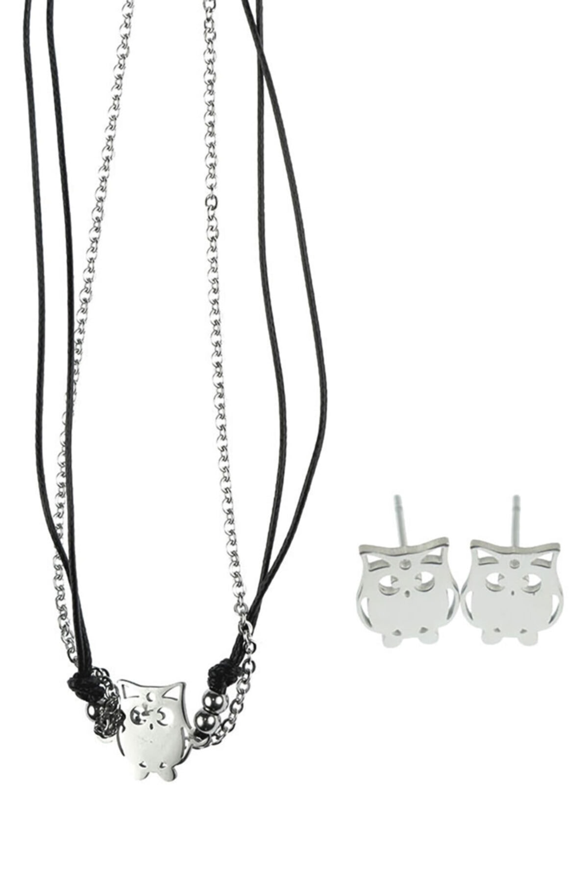 MSDT Baykuş Gümüş Rengi Kadın Çelik Kolye Küpe Set