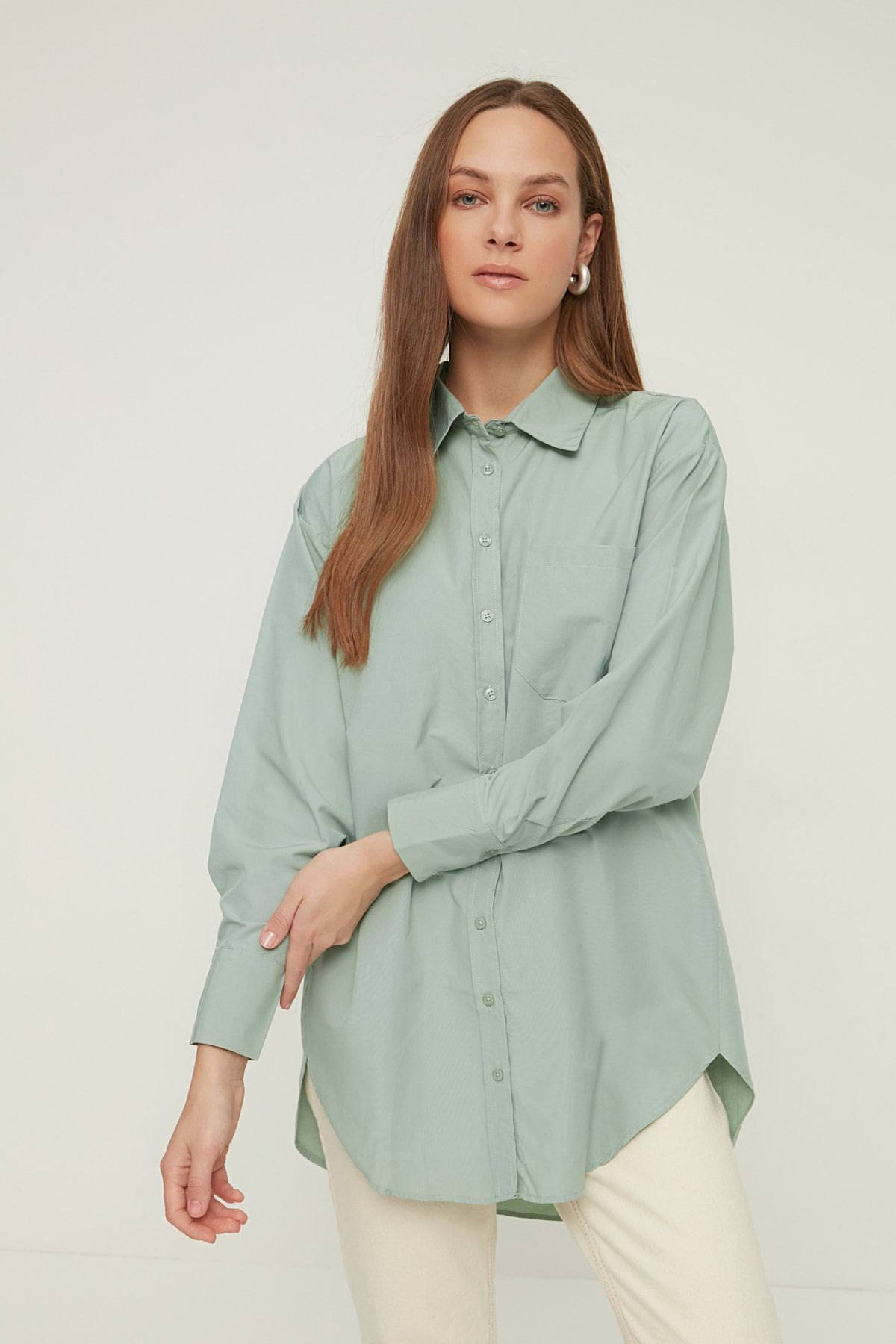 Trendyol Modest Mint Gömlek Yaka Baskılı Tesettür Tunik TCTSS21TN0094
