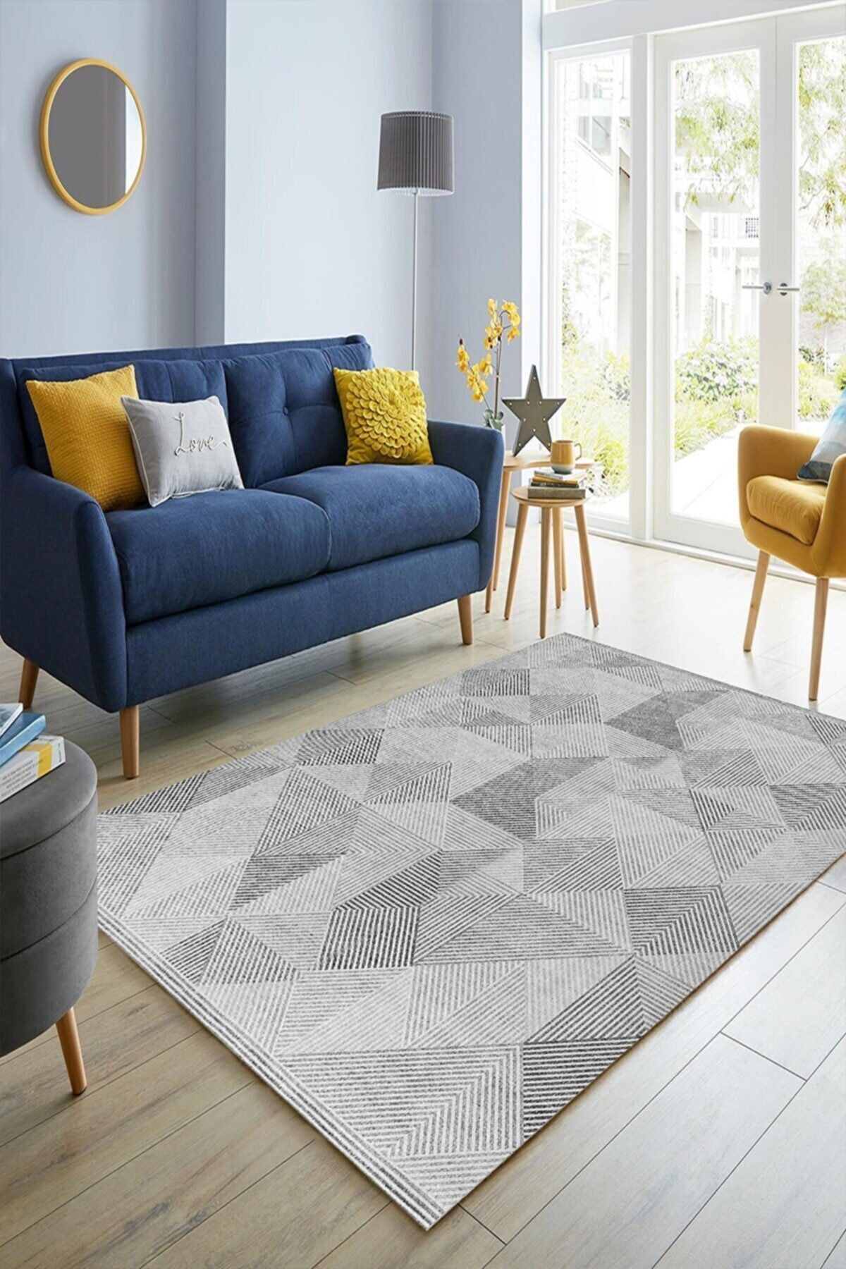 Arrosa Home Gri Renkli Kare Geometrik Desenli Luxury Halı