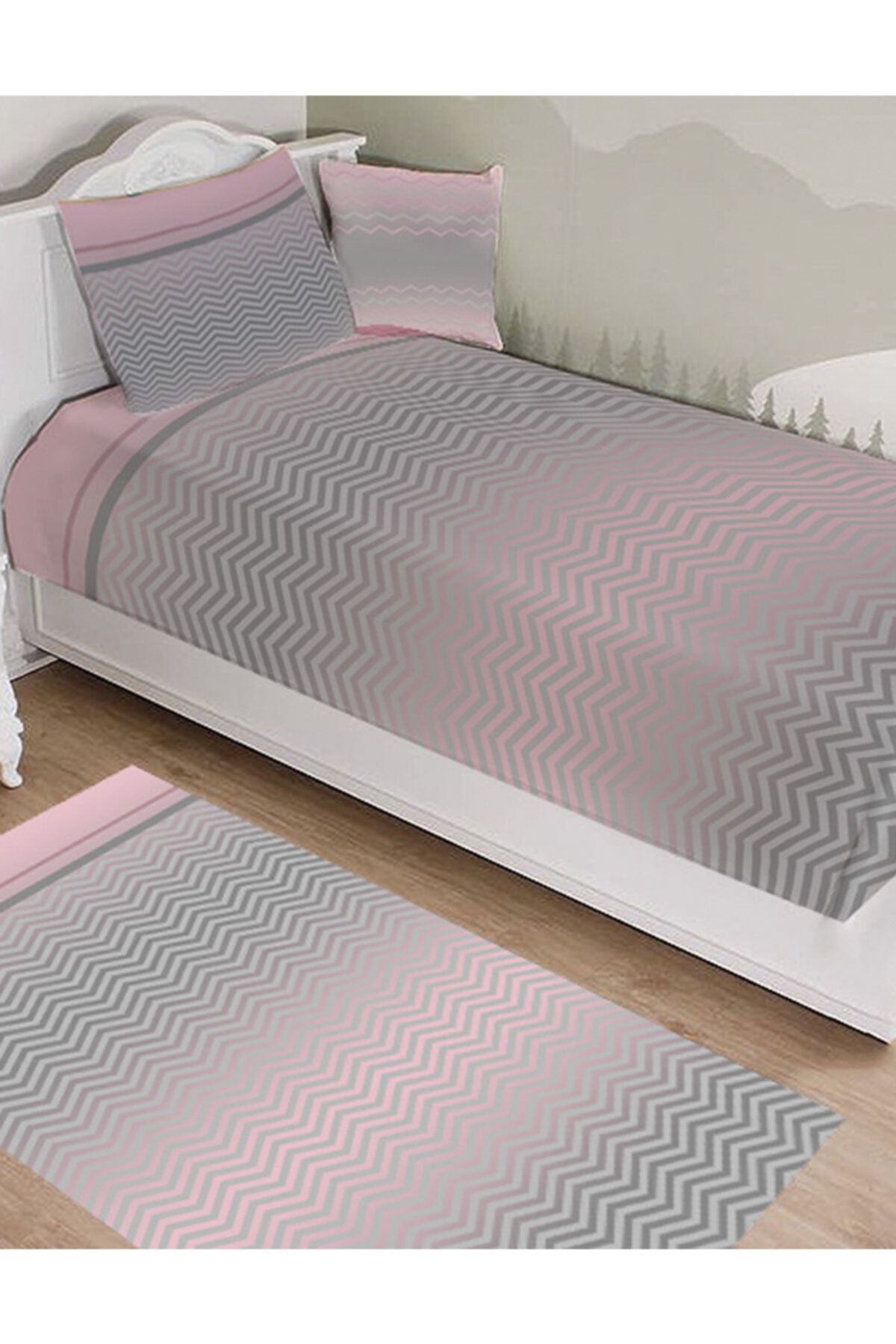 Ardizayn Pembe Zigzag,dekoratif Yatak Örtüsü Takımı, Kadife Kumaş, Dijital Baskılı,