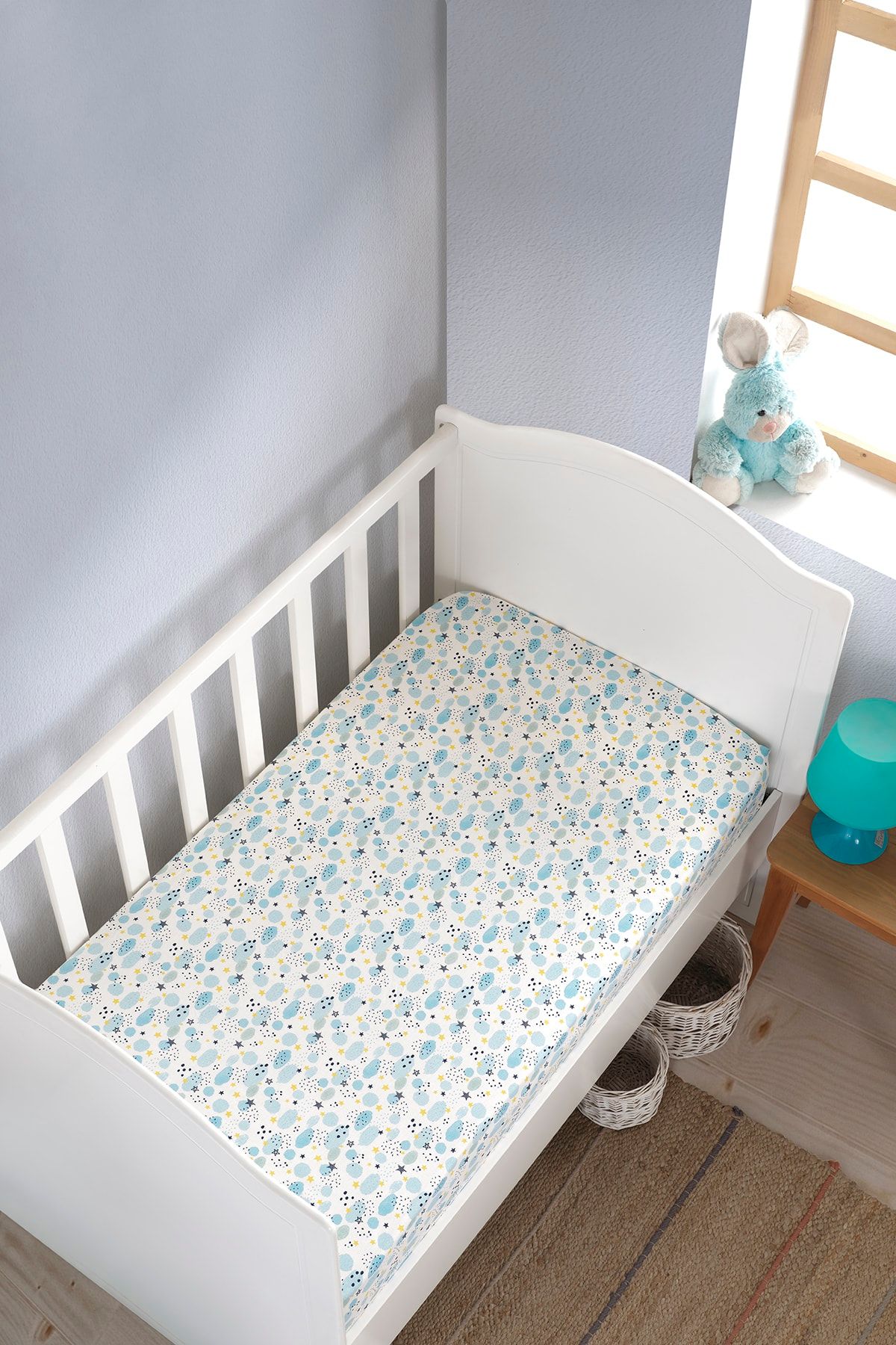 LADYNİL 70x140 Lastikli Bebek Çarşafı Ranforce Mavi Bulut %100 Pamuk Anti Alerjik