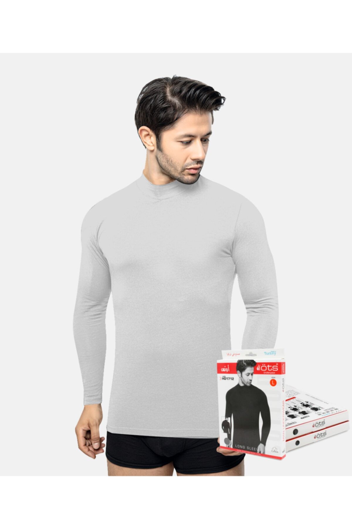 Öts Erkek Gri Balıkçı Yaka Uzun Kollu T-shirt Premium Paket Kutulu