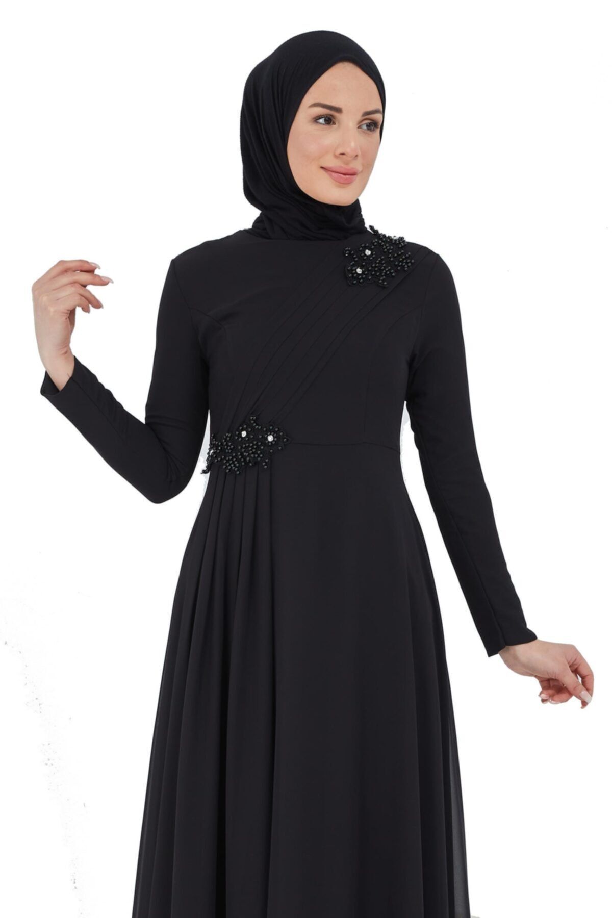 Moda Echer Güpür Ve Dantel Detaylı Şifon Astarlı Tesettür Abiye Elbise 7622