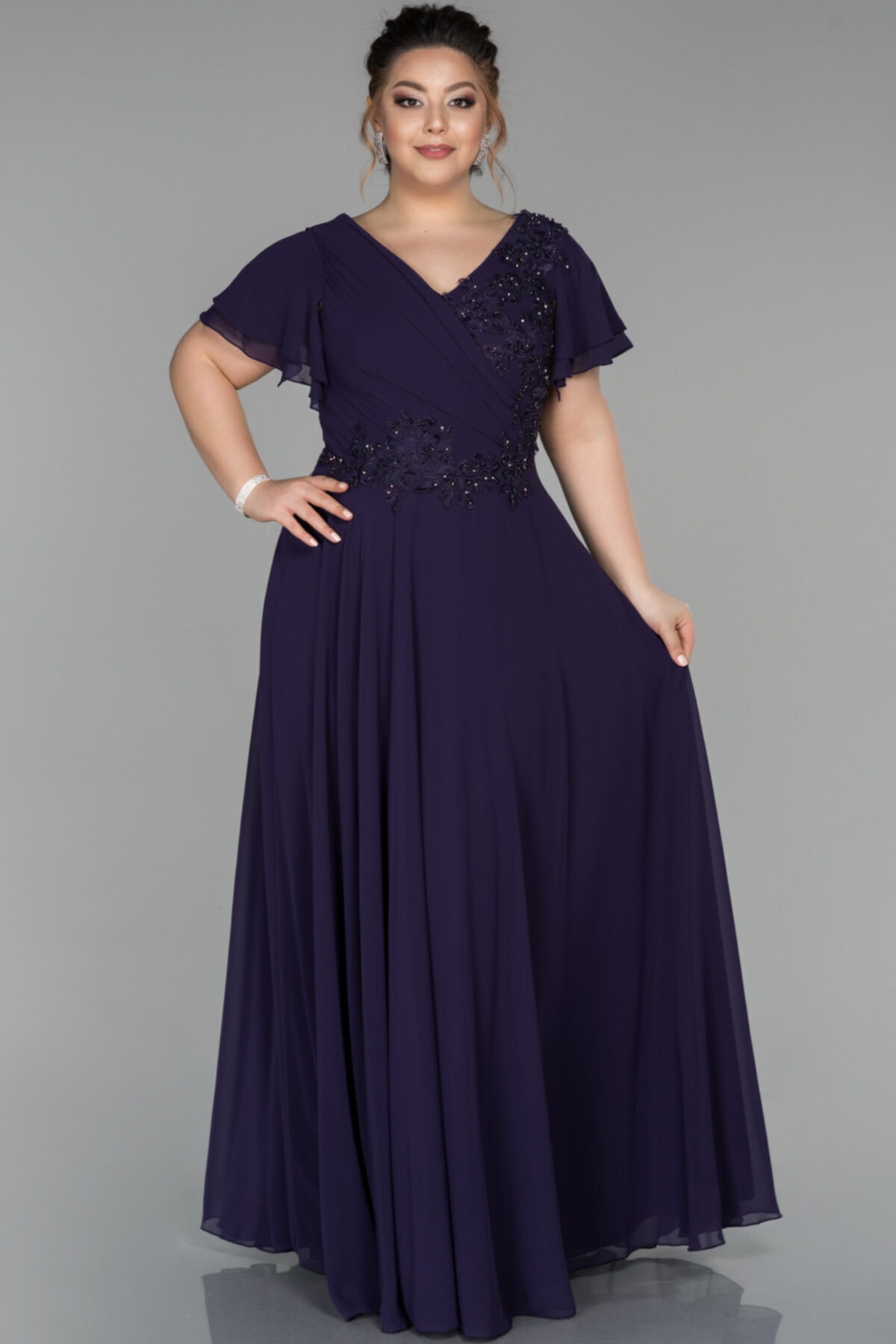 Abiyefon Mor Uzun Taş Işlemeli Şifon V Yaka Kısa Kol Büyük Beden Abiye Elbise Abu1562
