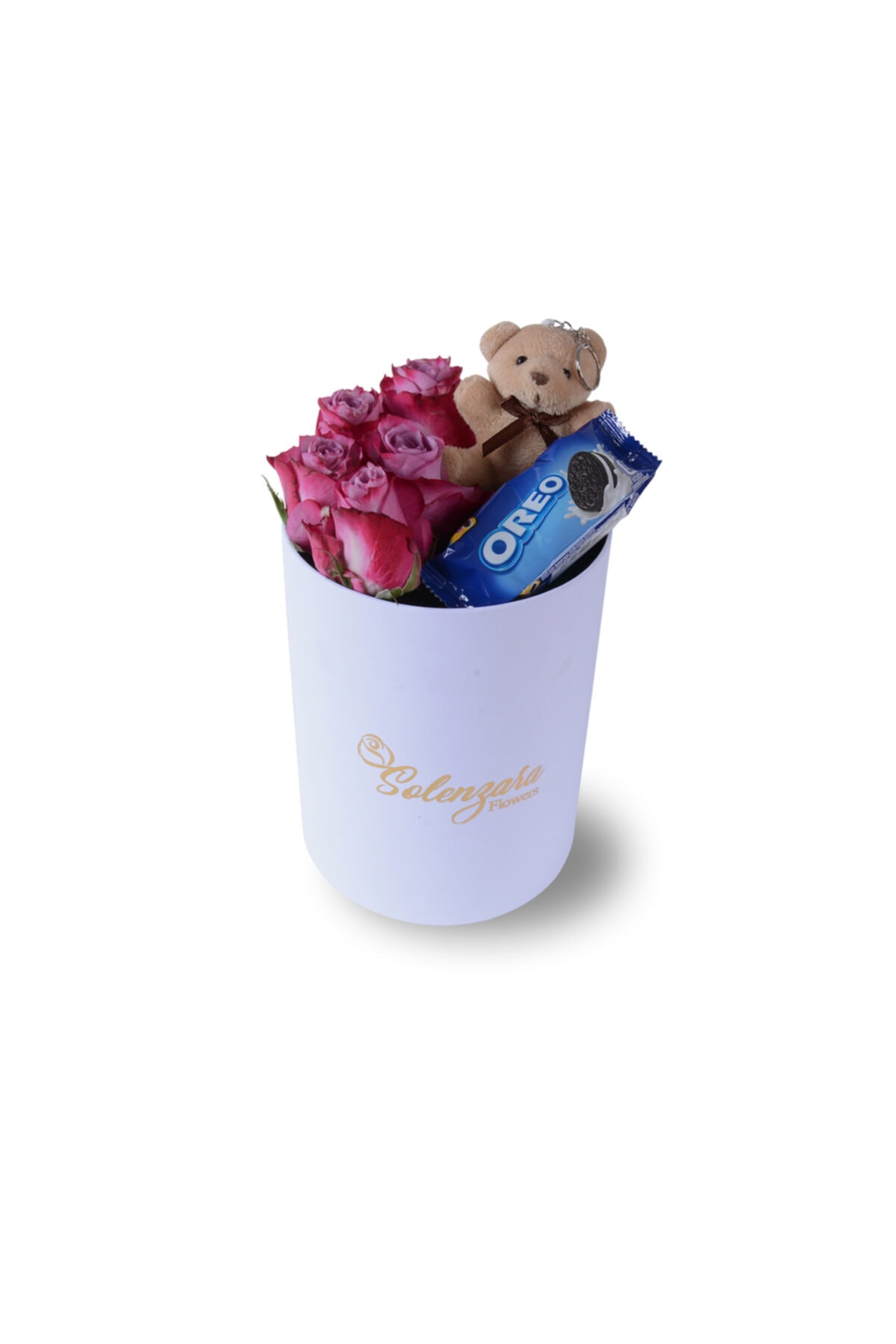 Solenzara Flowers Beyaz Silindir Kutuda Ayıcıklı Ve Oreolu Lila Gül