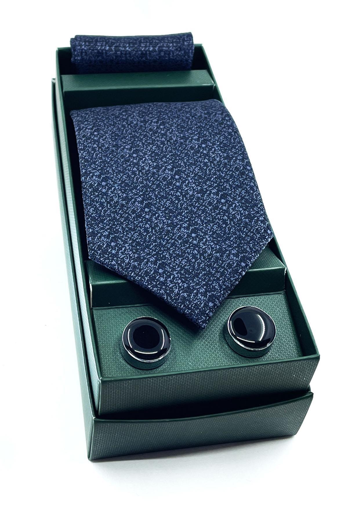 La Pescara Lacivert Mendilli Kravat Yuvarlak Kol Düğmesi Hediye Seti Os444