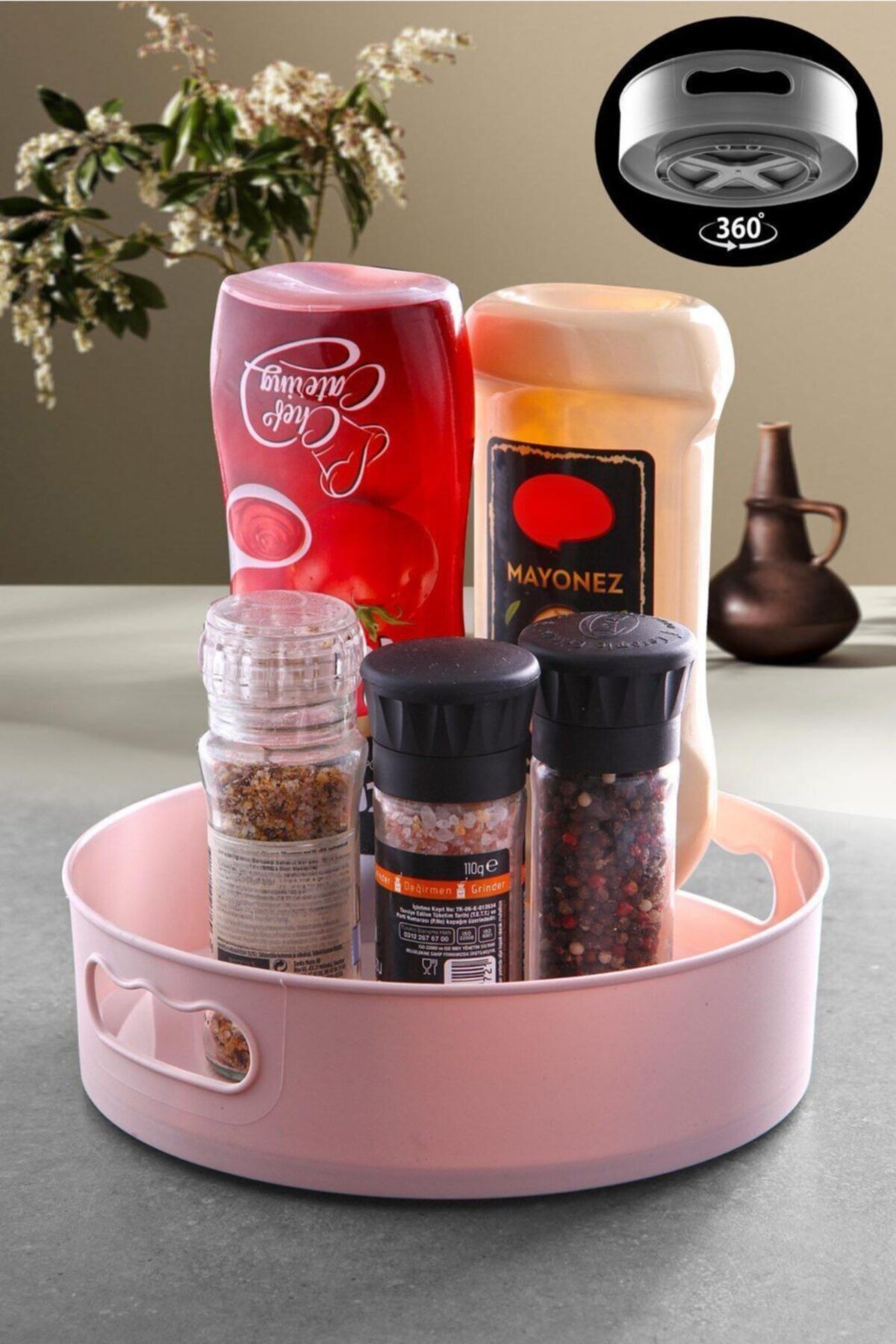 VIENEV 360 Derece Dönen Banyo&buzdolabı Düzenleyici Tepsi Pembe