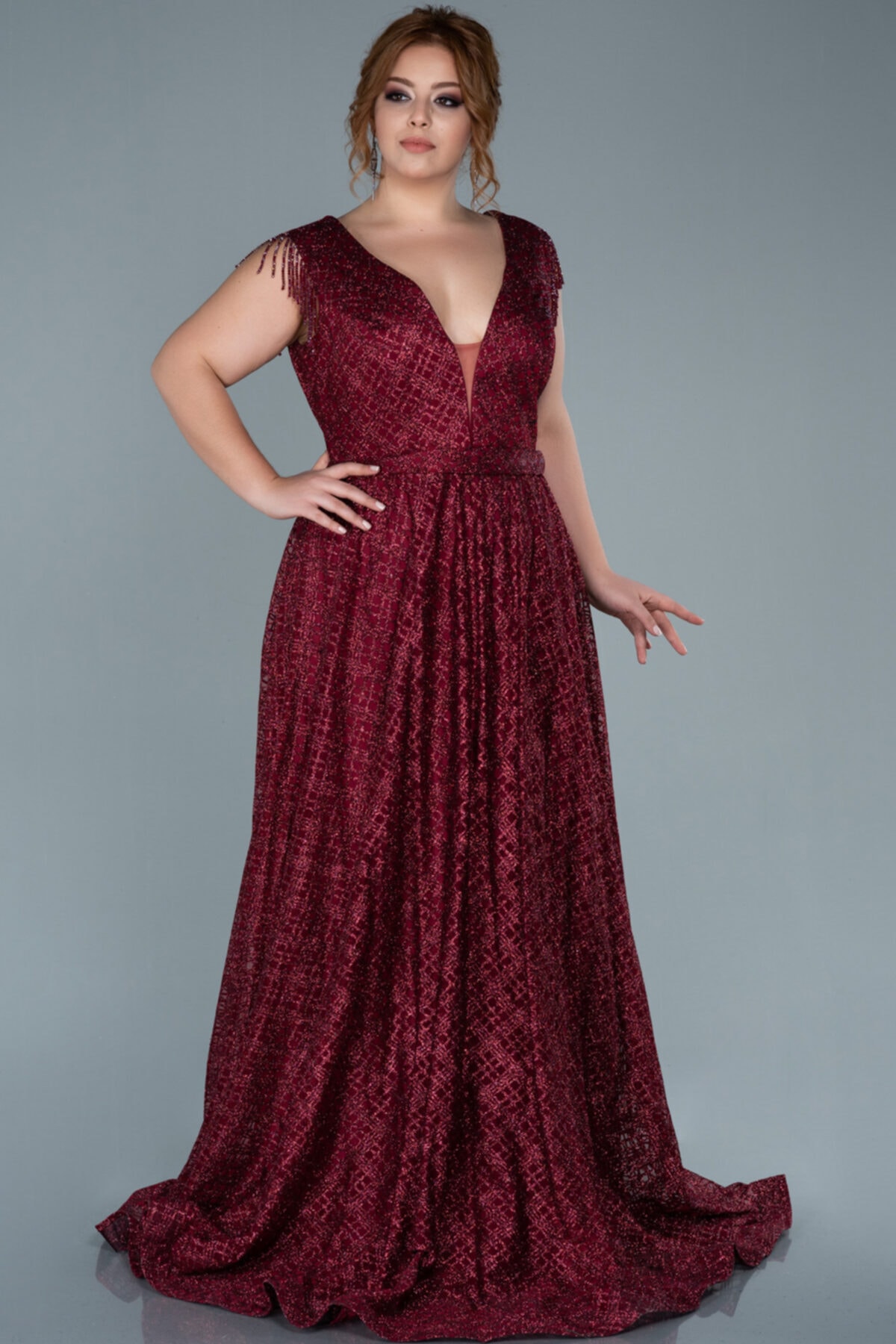 Abiyefon Bordo Simli Büyük Beden Abiye Elbise Abu1048