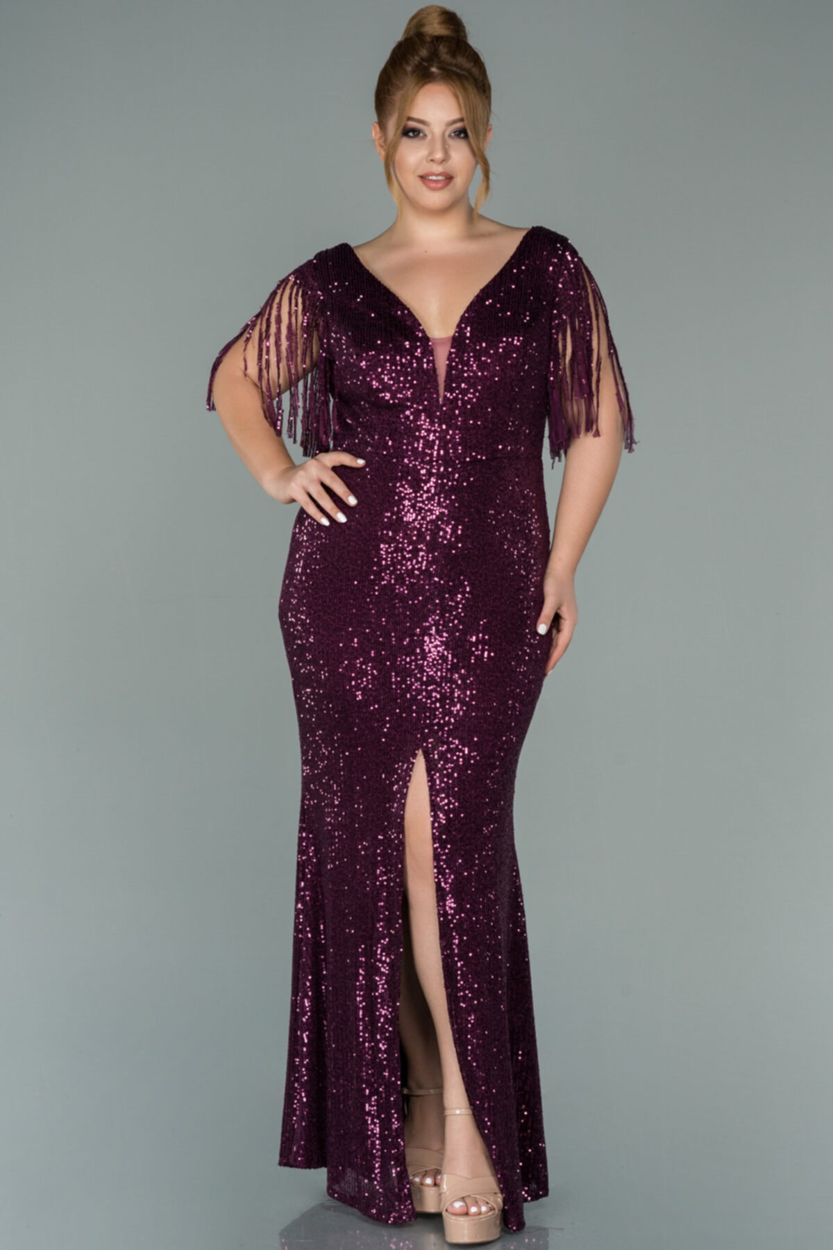 Abiyefon Mürdüm Yırtmaç Detaylı Payetli Büyük Beden Abiye Abu1127