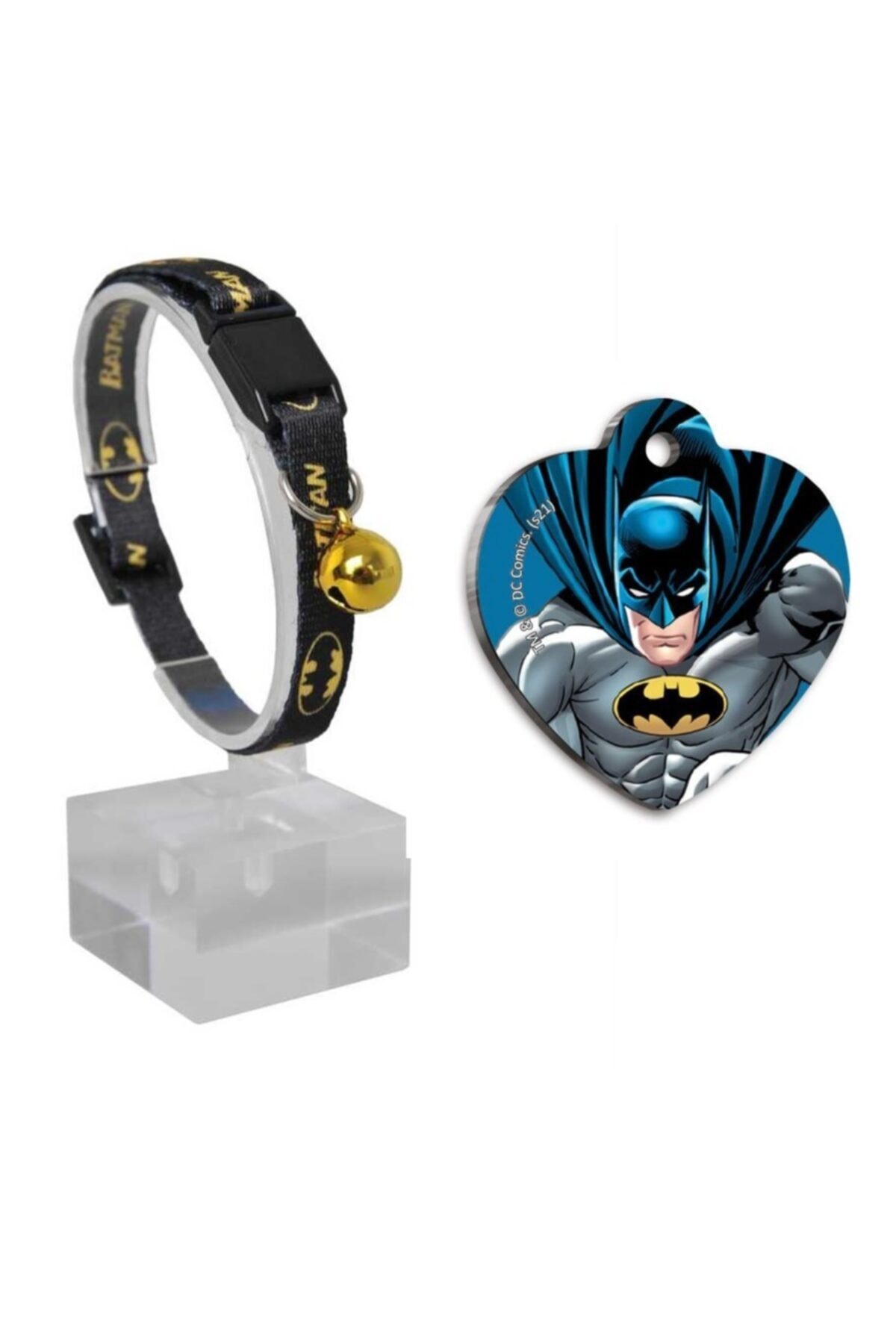 Batman Siyah Desenli Güvenlik Kilitli Kedi Boyun Tasması 22-30 Cm+ Çelik Kaplama Künye Kombin