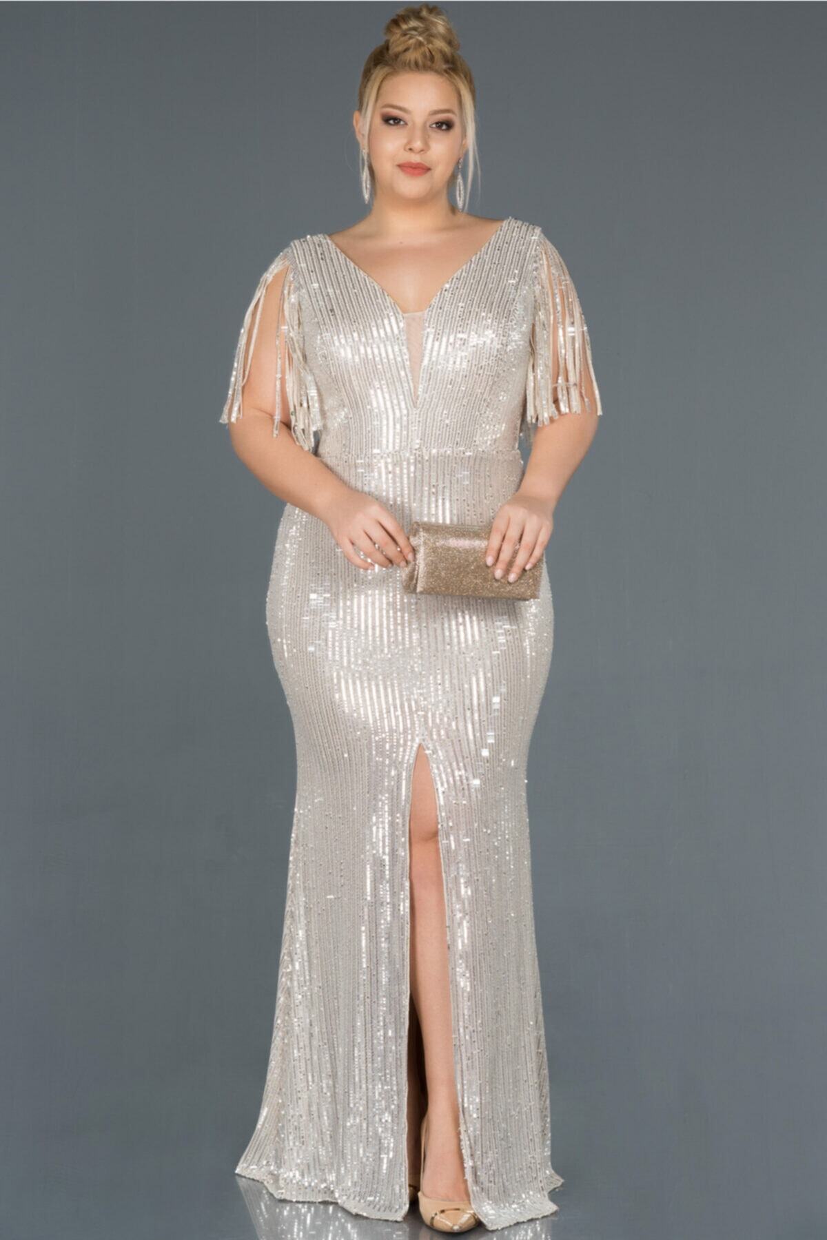 Abiyefon Vizon Yırtmaç Detaylı Payetli Büyük Beden Abiye Abu1127