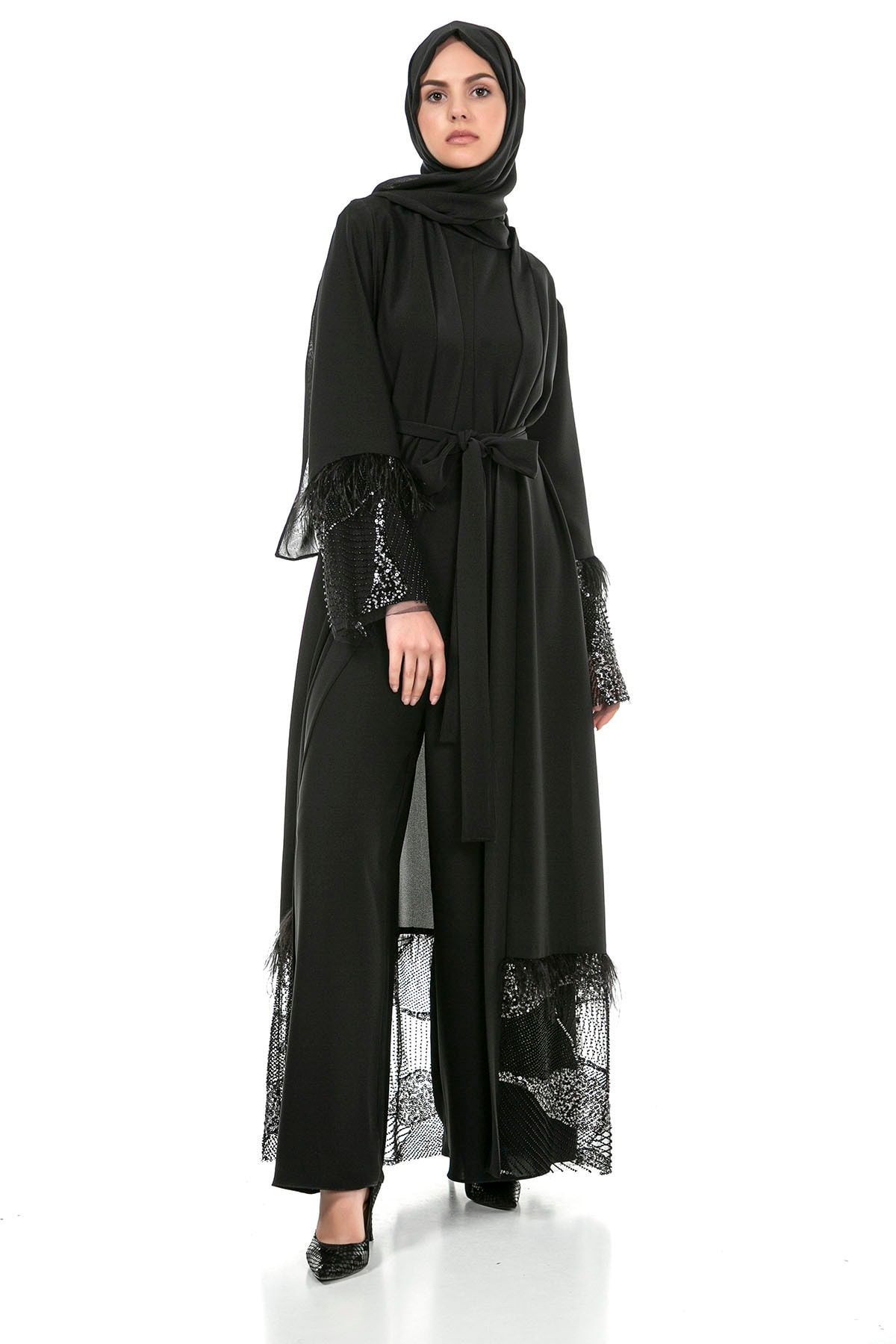 Hassene Butik Siyah Tesettür Tulumlu Abaya Takım