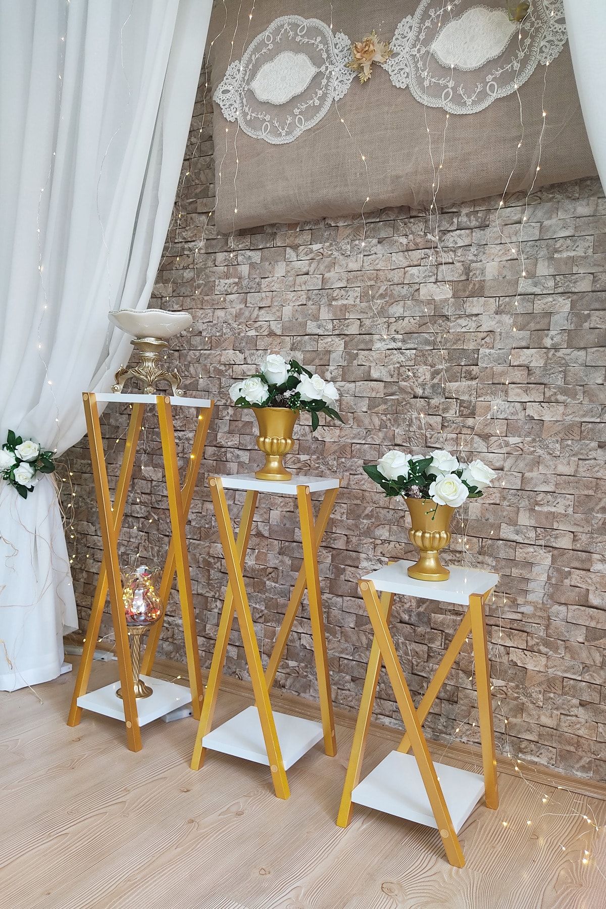 zeo wood design Üçlü Dekoratif Sehpa Çiçeklik