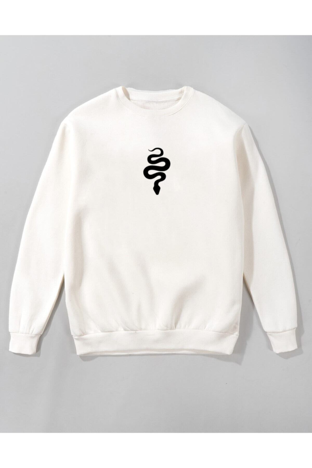 OkeanoX Unisex Yılan Tasarım Pamuklu Beyaz Sweatshirt