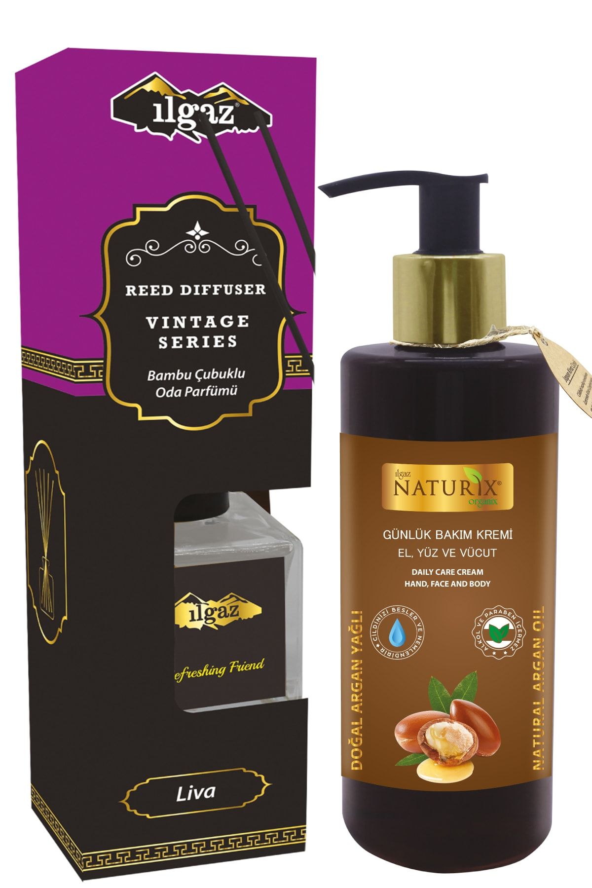 Naturix Argan Yağlı Bakım Kremi El, Yüz Vücut Losyonu 250 Ml + Vıntage Liva Çiçek 100 Ml Çubuklu Oda Kokusu