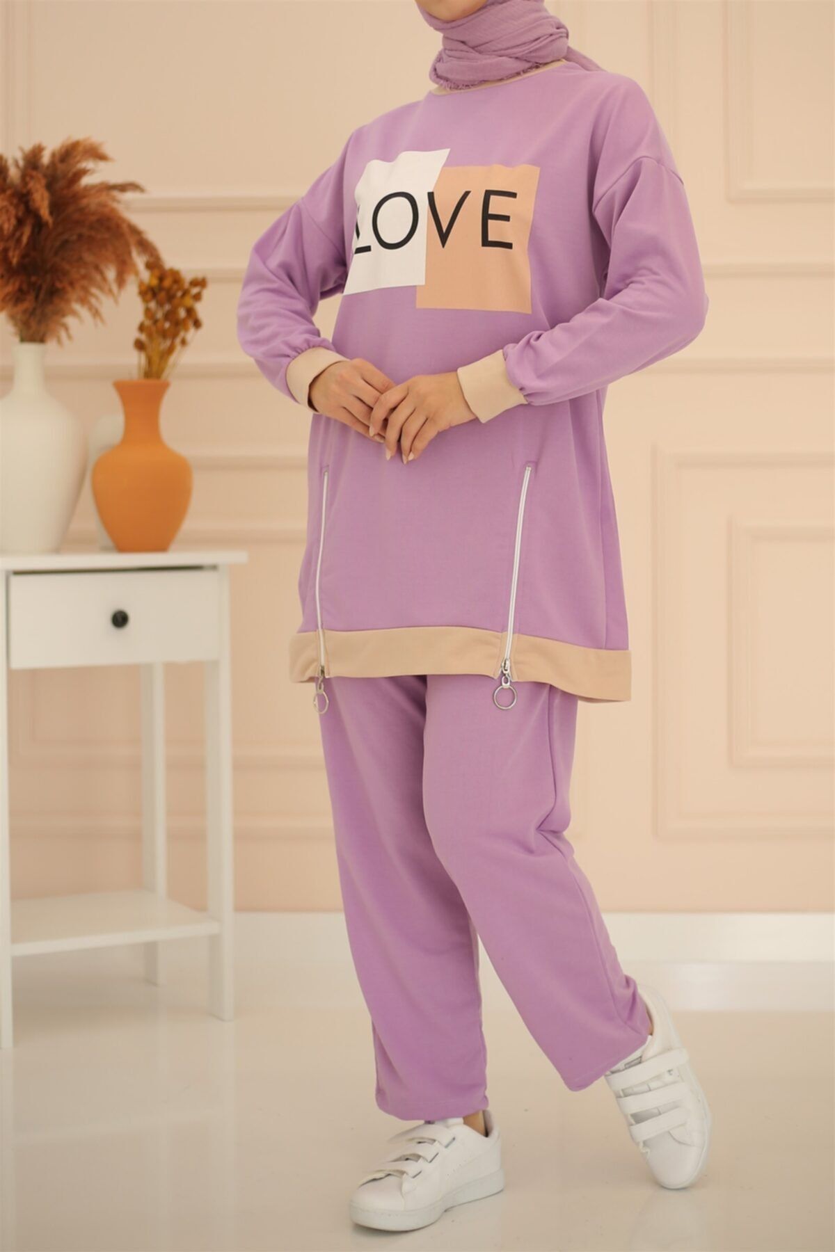 İmajButik Önü Love Yazı Detaylı Eşofman Takımı/lila