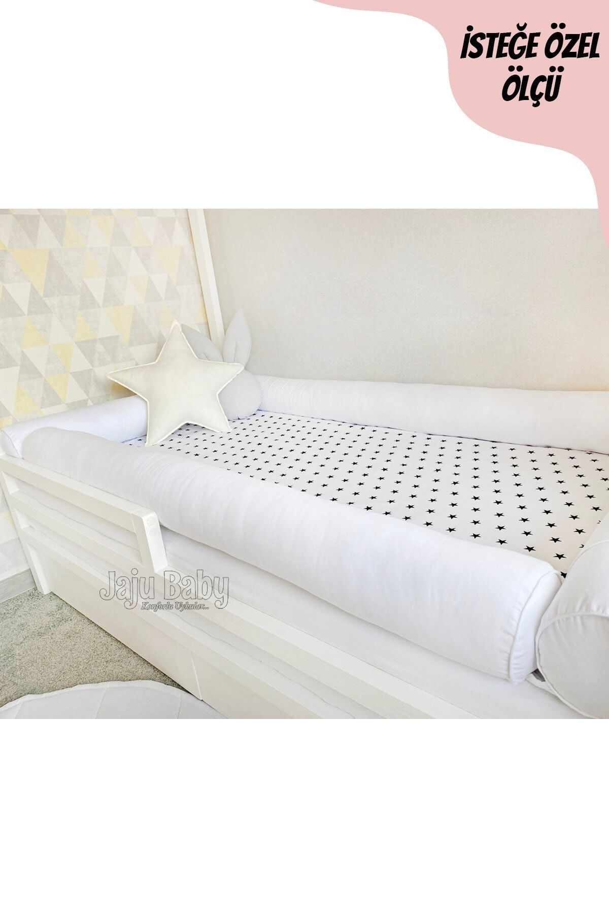 Jaju Baby Beyaz Montessori Yatak Bariyer 90x190 Beşik Kenar Koruma Özel Ölçü