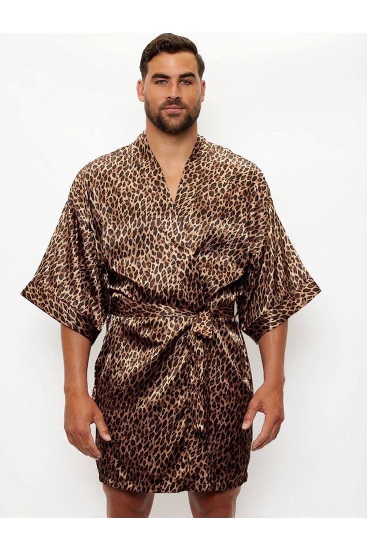 Madame Brave Erkek Leopar Saten Kısa Sabahlık