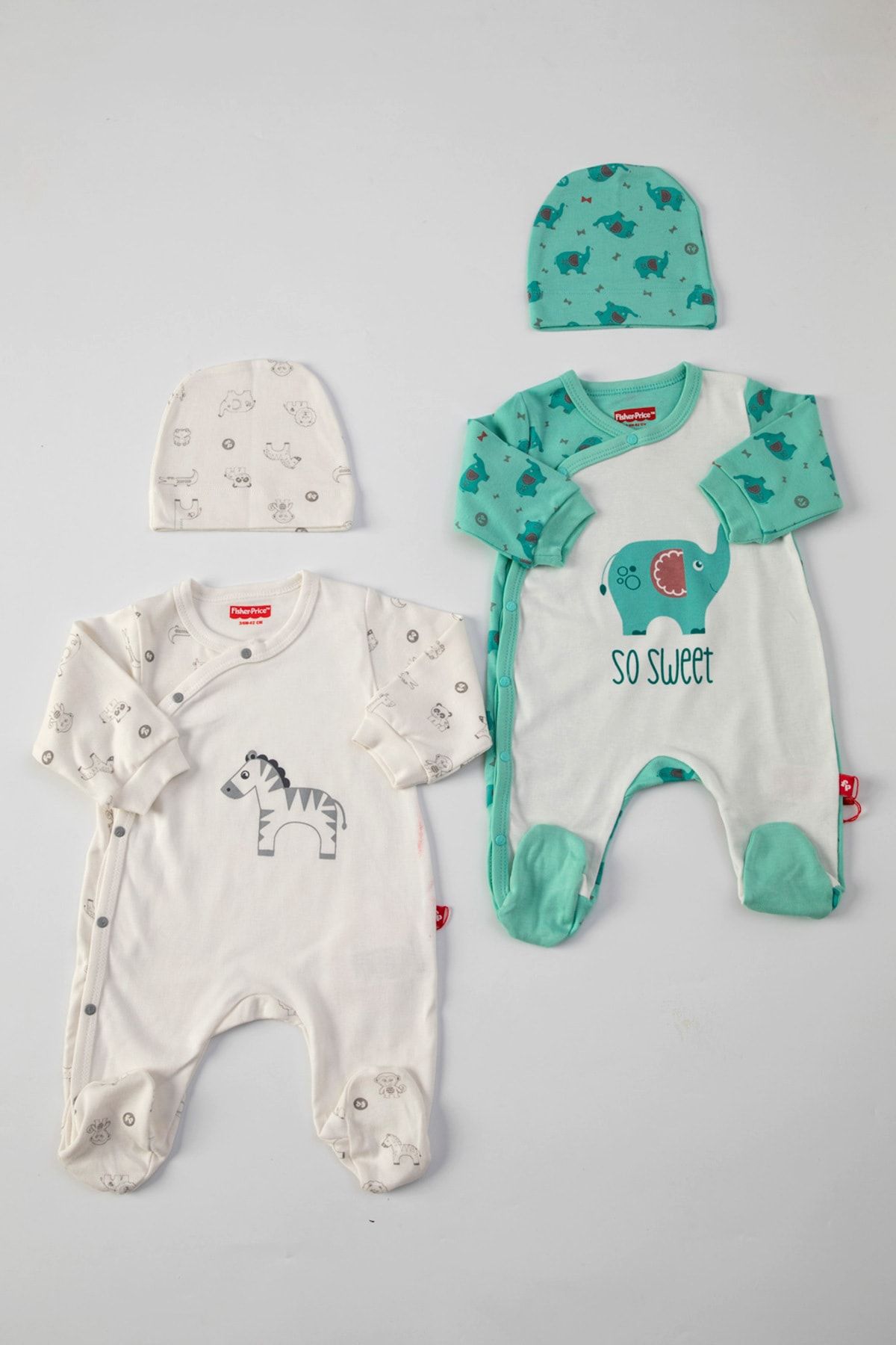 FISHER PRICE Sweet Elephant - Tiny Zebra 2'li Şapkalı Patikli Bebek Tulumu