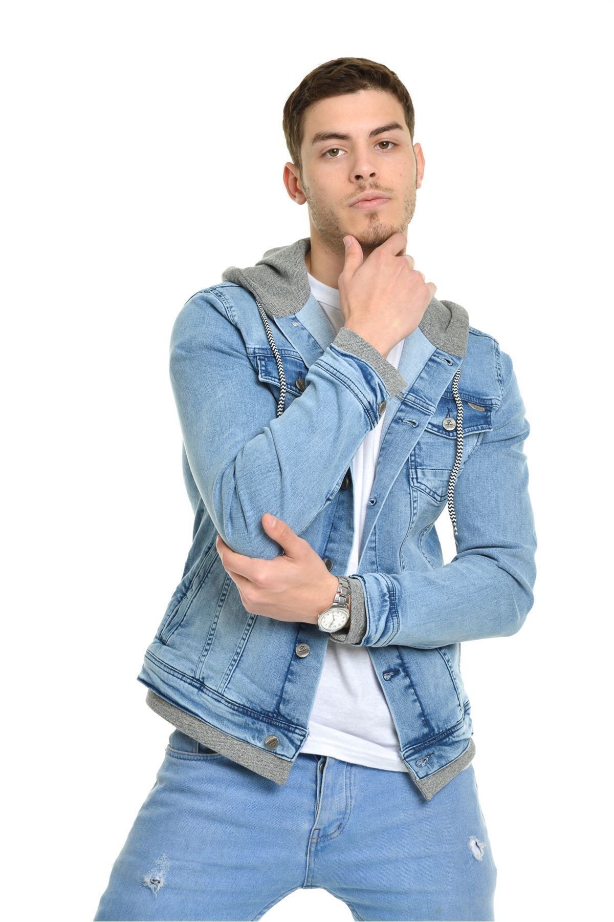 LTC Jeans Erkek Kapüşonlu Ribana Detay Buz Mavi Yıkamalı Kot Ceket