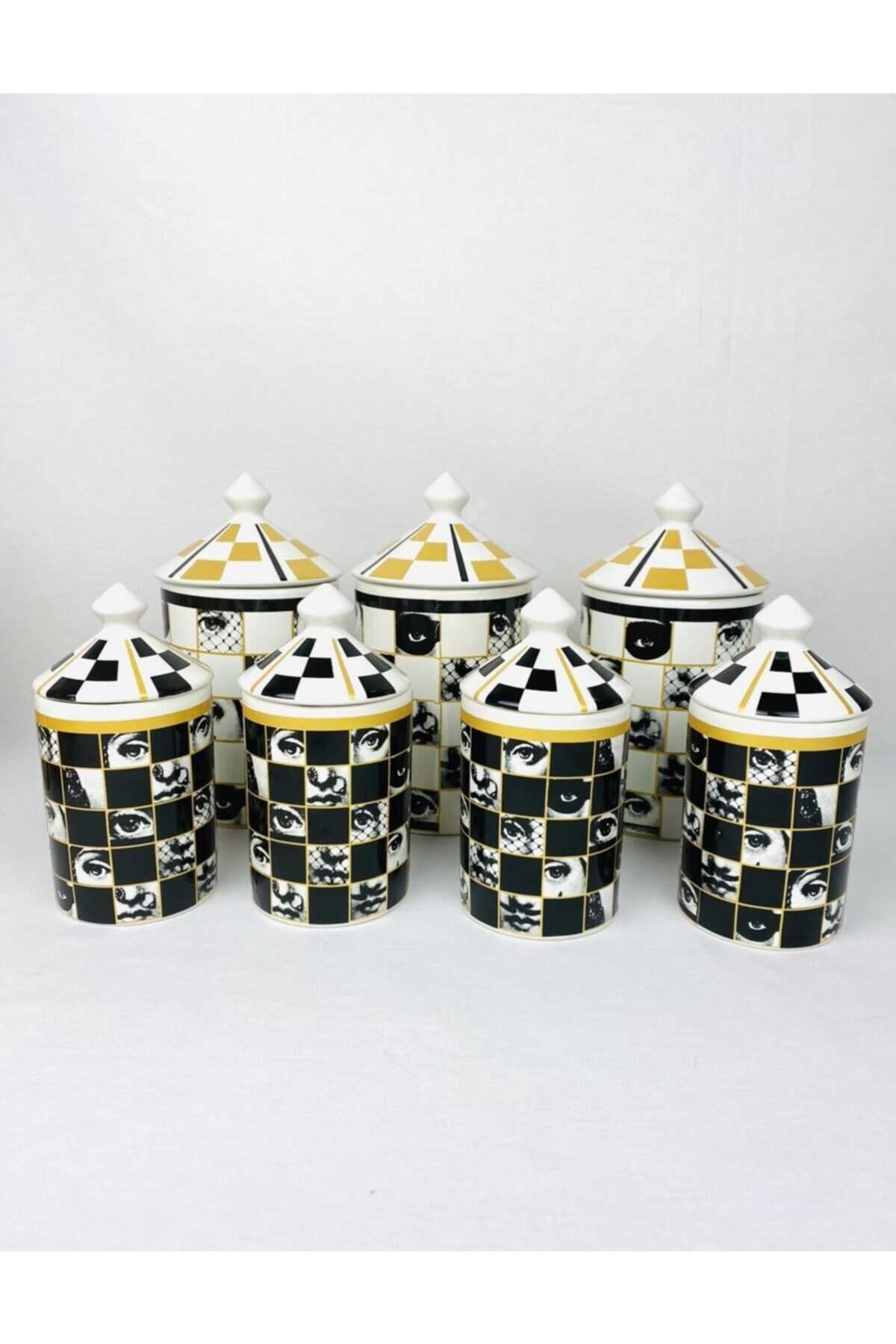 SahraConcept Fornasetti Modeli Damalı 7 Li Baharatlık Takımı