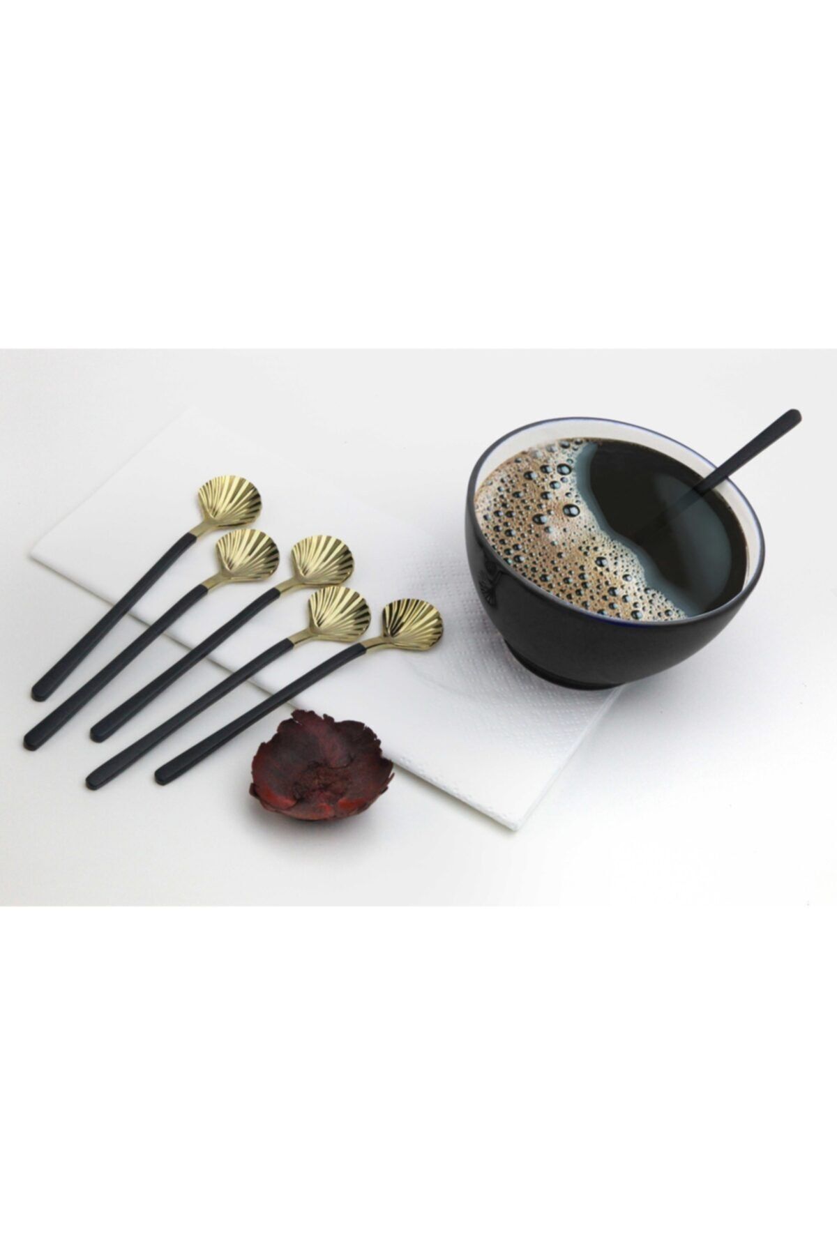 Battal 6 Adet Lüx Gold Siyah Çay Kaşığı Kahve Nescafe Sunum Kaşık Seti Kutulu 12cm 18/10 Paslanmaz Çelik