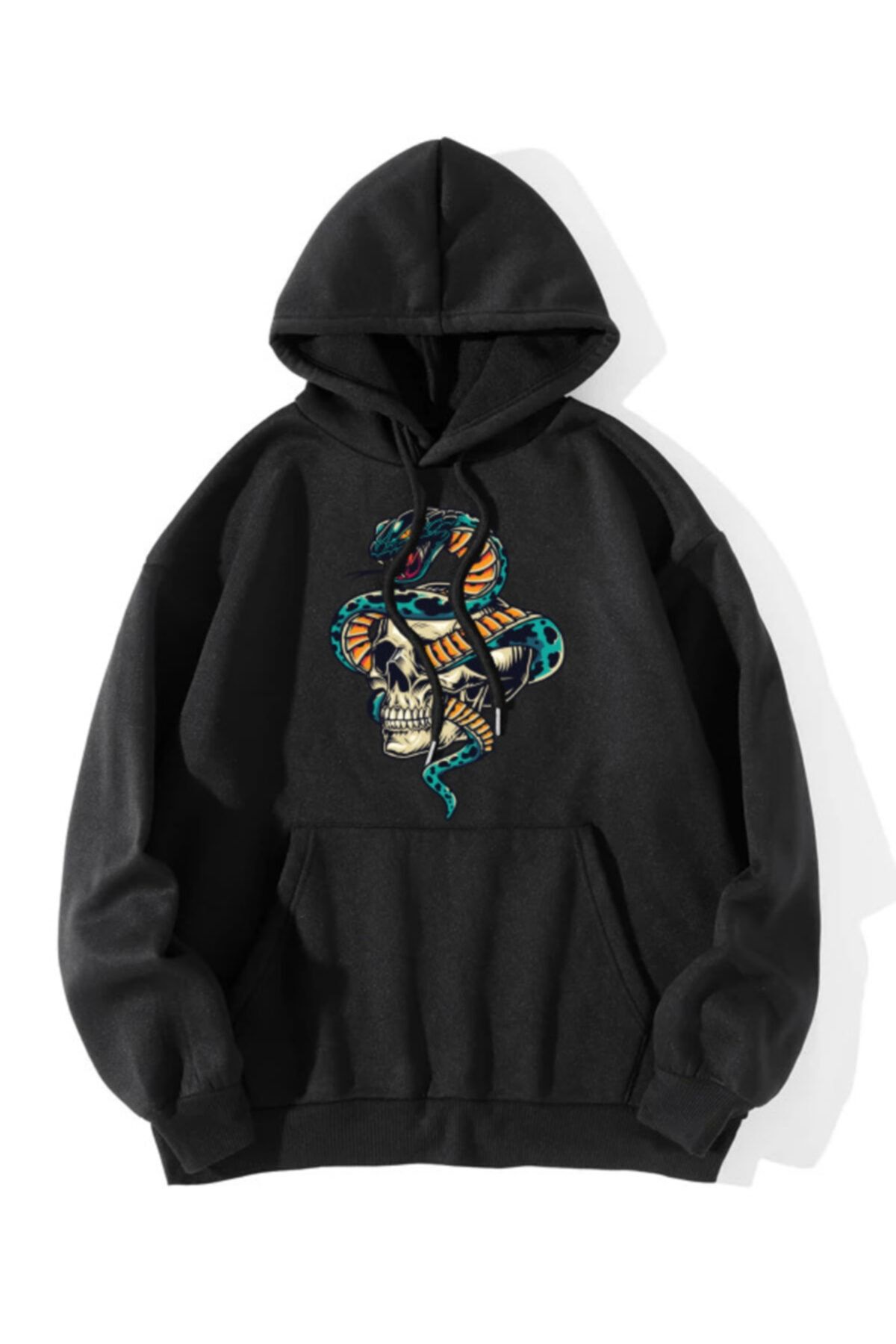 LePold Unisex Üç Iplik Kalın Salaş Siyah Kapüşonlu Oversize Yılan Kurukafa Kadın/erkek Sweatshirt