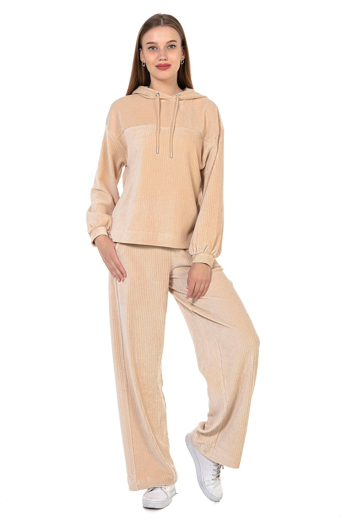GİA&CI Kadın Bej Renk Kadife Eşofman Takımı Kapuşonlu Sweatshirt Ve Pantolon Ikili Alt Üst Takım