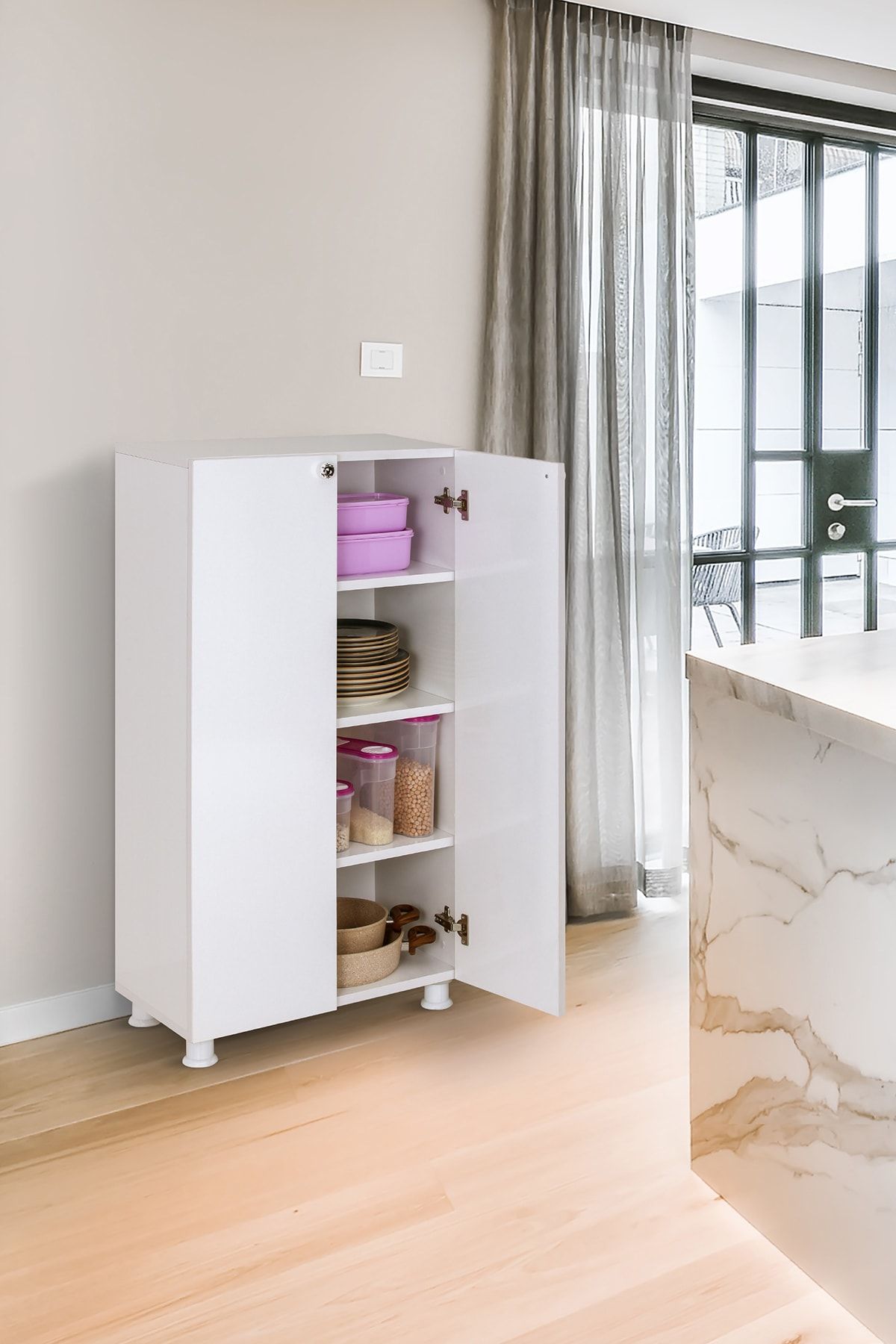 Mars Banyo Foça 2 Kapaklı 4 Raflı 18mm Mdf Lam Mutfak Banyo Çok Amaçlı Saklama Dekoratif Dolap