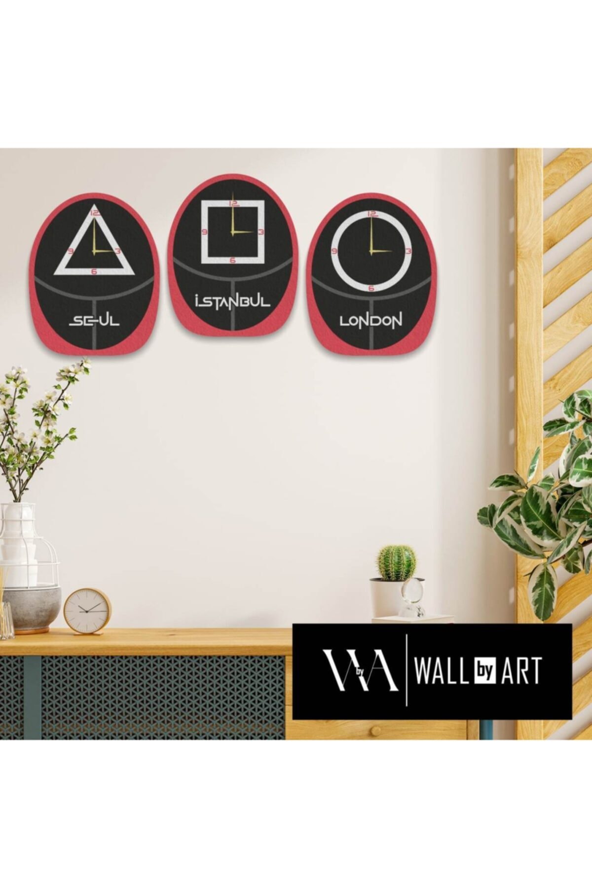WALLBYART Squıt Game Temalı 3 Lü Takım Tasarım Saat