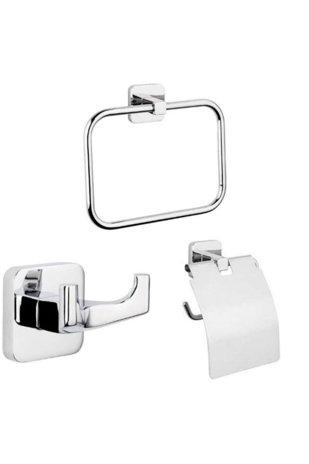 Tema Kare 3 Lü Set Yuvarlak Havluluk + Askılık + Tuvalet Kağıtlık