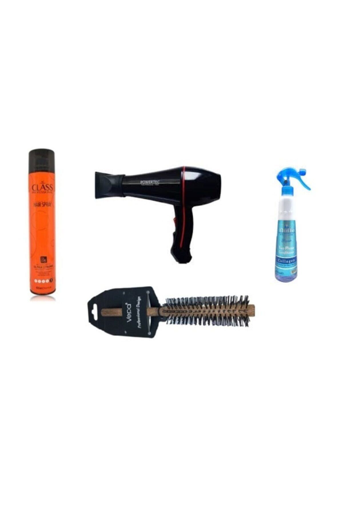 Powertec Fön Makinası+noffe Collagen Fön Suyu+ac Class Saç Spreyi+fön Fırcası