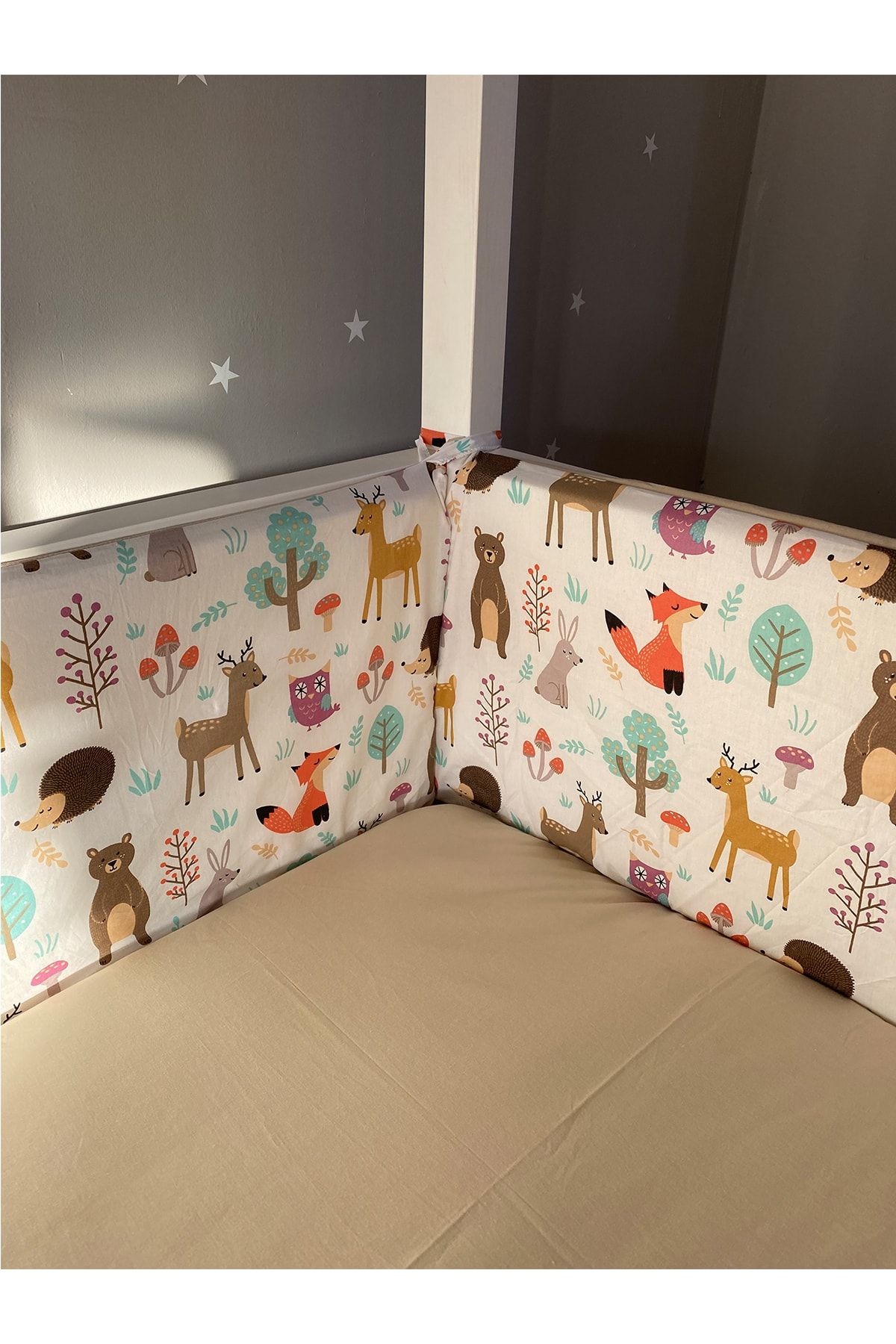 Jaju Baby Orman Desenli Kahverengi Kombinli 90x190 Beşik Kenar Koruma 4 Parça Beşik Bariyeri
