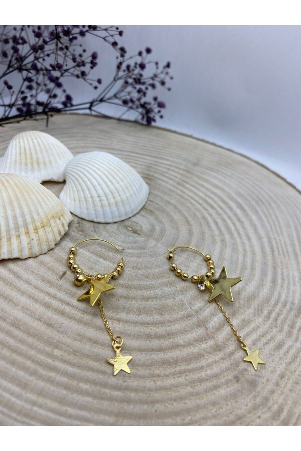 LUX BİJUTERİ Sallantılı Yıldızlı Ve Boncuklu Gold Küpe